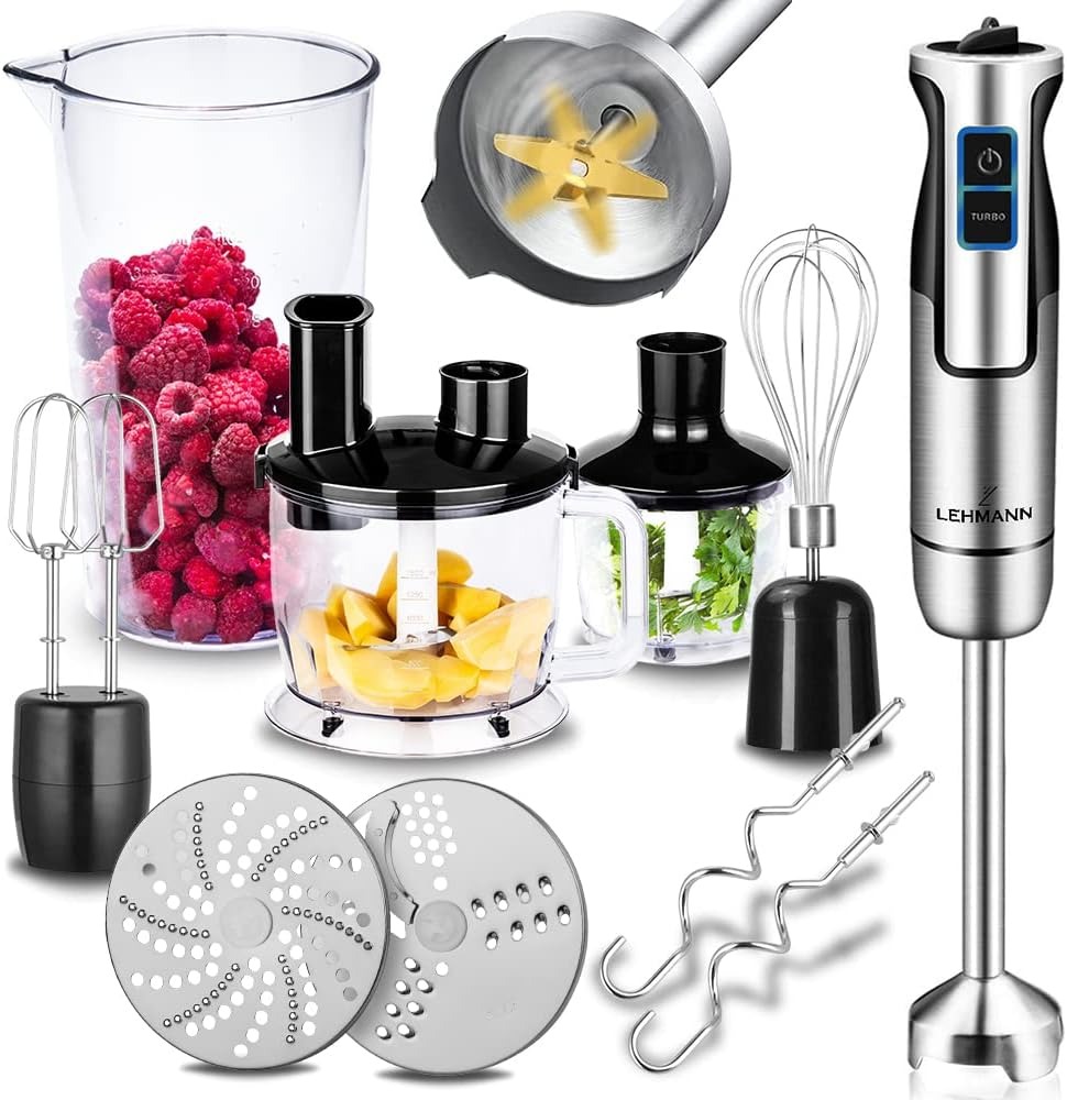 LEHMANN Chopsui Frullatore a Immersione 1200W - Minipimer 7-in-1-8 Accessori - Misurino da 860 ml - Regolazione della Velocità a 8 Livelli - Funzione Turbo - 15.000 U/min - Senza BPA - Lama Dorata