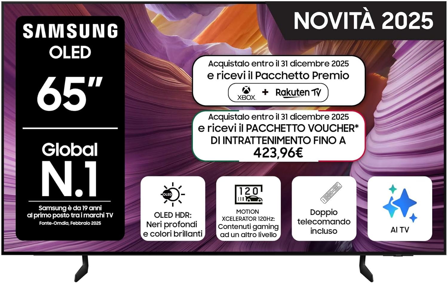 OLED 4K Vision AI Smart TV 65'' QE65S85FAEXZT, NQ4 AI Gen2 Processor, 4K AI Upscaling, Glare Free, Dolby Atmos & OTS Lite, Contour Design,PACCHETTO INTRATTENIMENTO, 2025