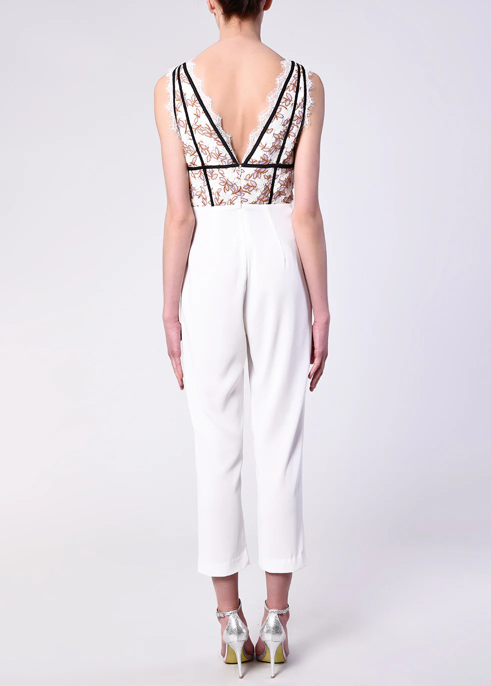 Lilac White Daisy Lace Plunge Front Jumpsuit