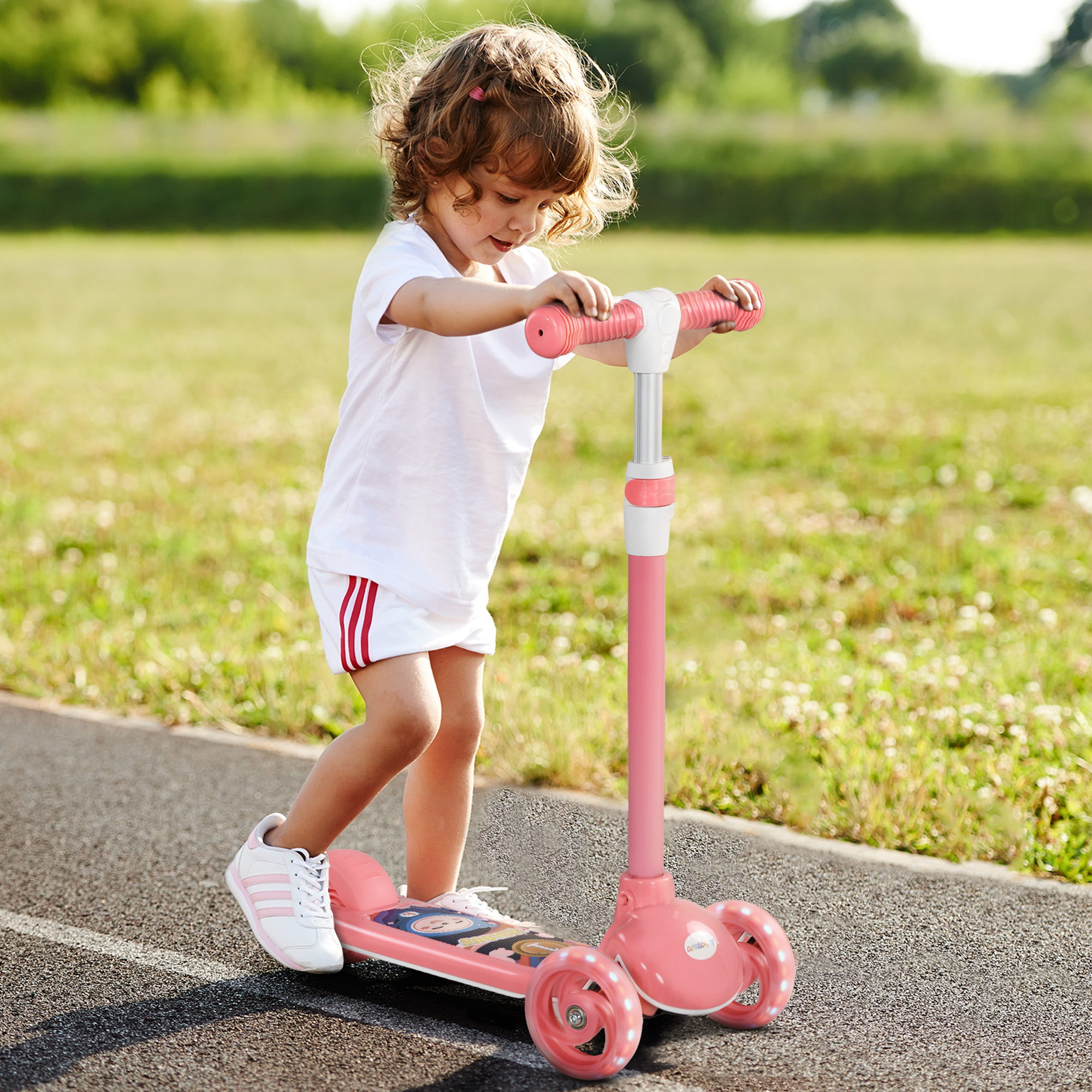 AIYAPLAY Kinder Tretroller 3 LED-leuchtende Räder Höhenverstellbarer TPE-Lenker Hinterrad-Reibungsbremse von 2 bis 6 Jahren in Rosa