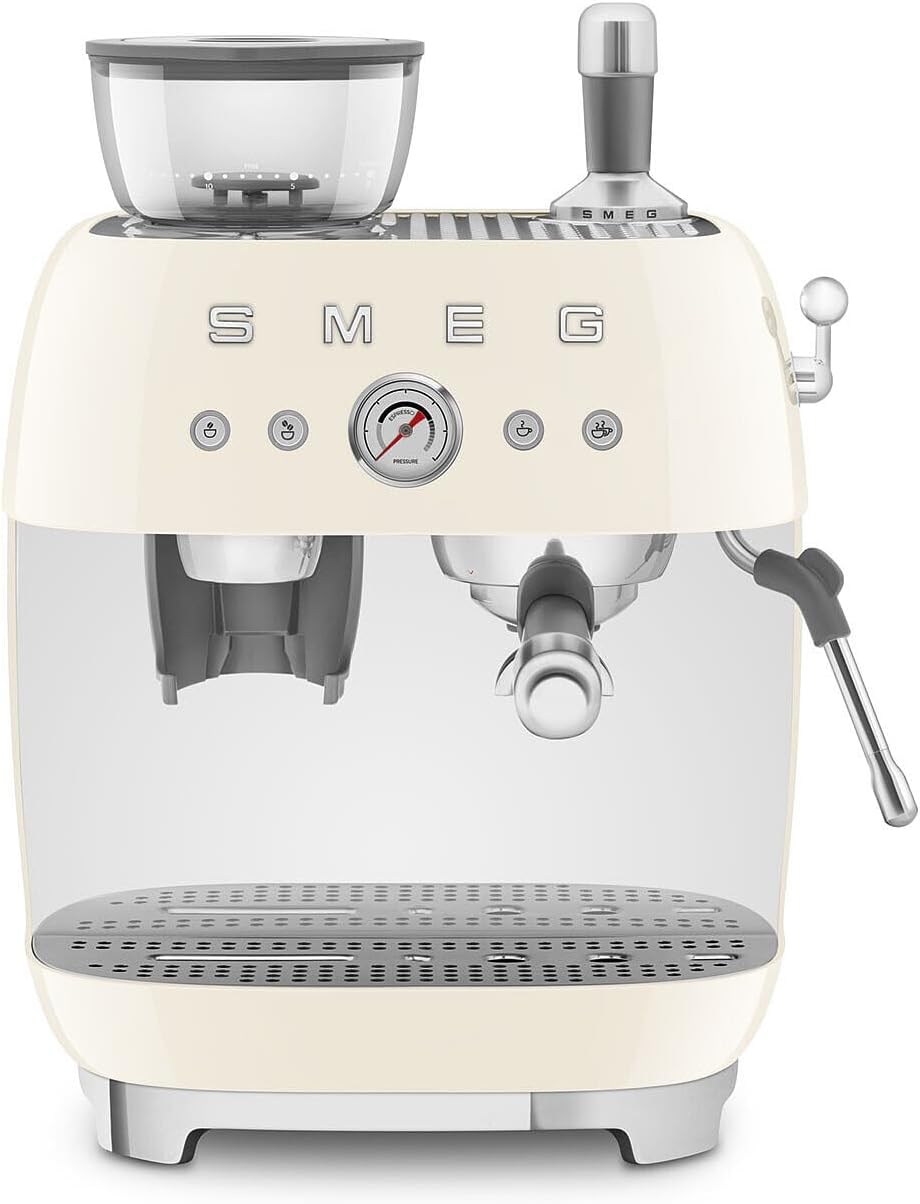 Smeg, Macchina da Caffè Espresso Manuale EGF03CREU, con Macinacaffè Integrato, Thermoblock, 4 Livelli di Temperatura, Lancia a Vapore e Manometro, Serbatoio da 1 L, Dimensioni Compatte, 1350W, Panna