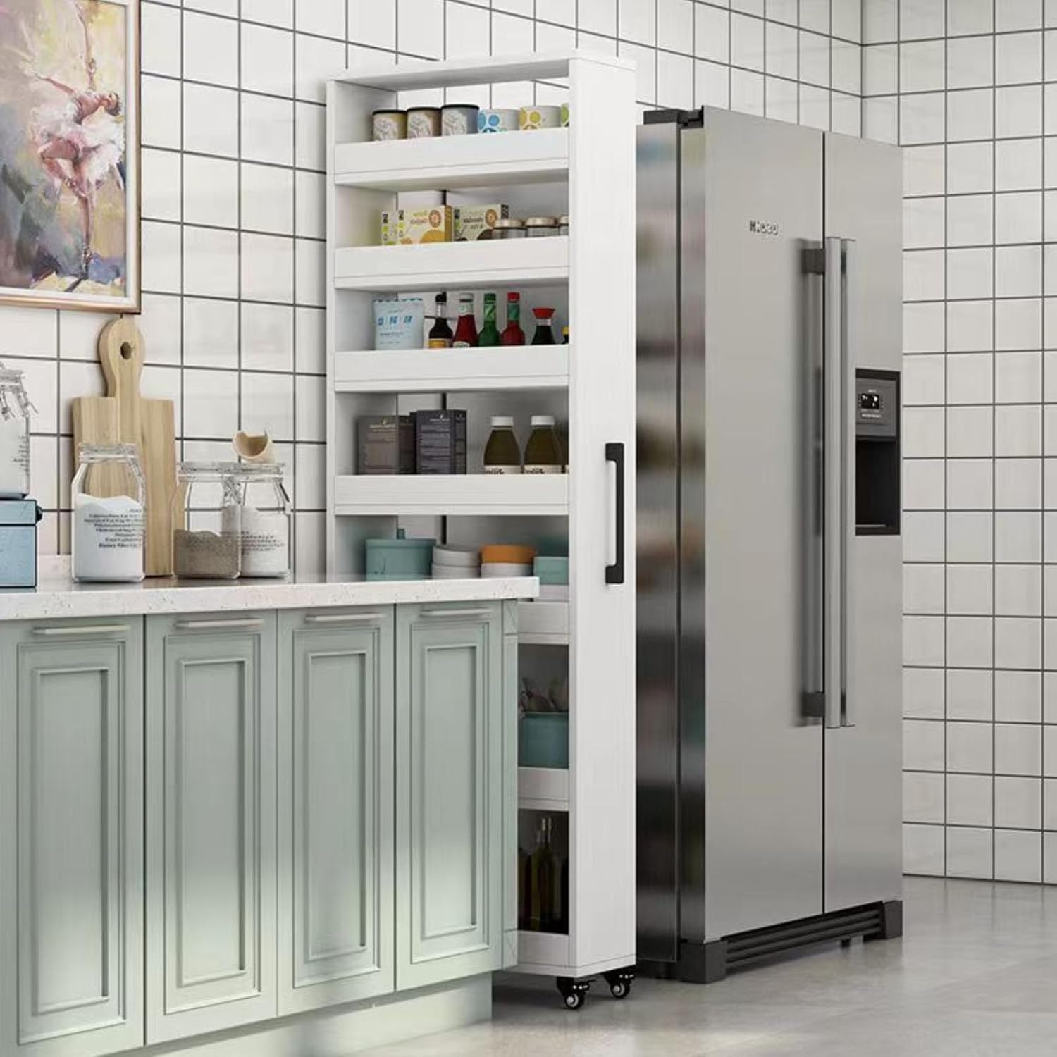 Carrello Portaoggetti Sottile, Carrello da Cucina, Mobiletto Stretto con Maniglia E Ruote, Portaspezie in Legno Accanto al Frigorifero, Ripiano Dispensa,Bianca,Small