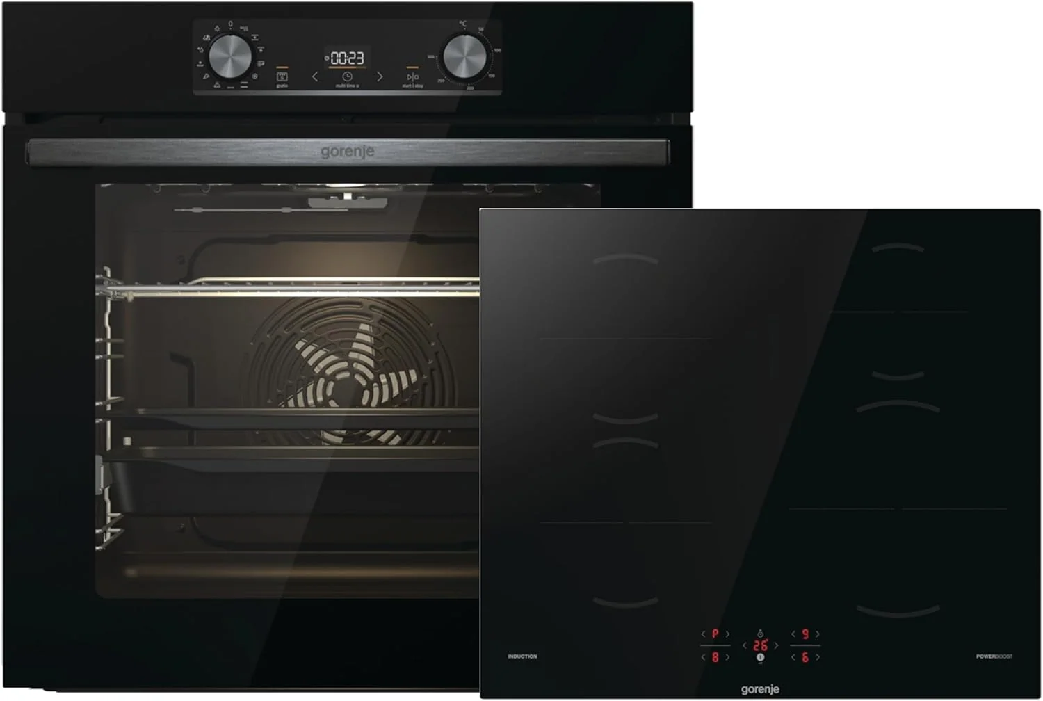 Gorenje Black Induction Set 2, Kombination aus autarkem Kochfeld GI6401BSC und Einbau-Backofen BOS6737E06BG, 77L, PizzaMode 300°C, Made in Europe