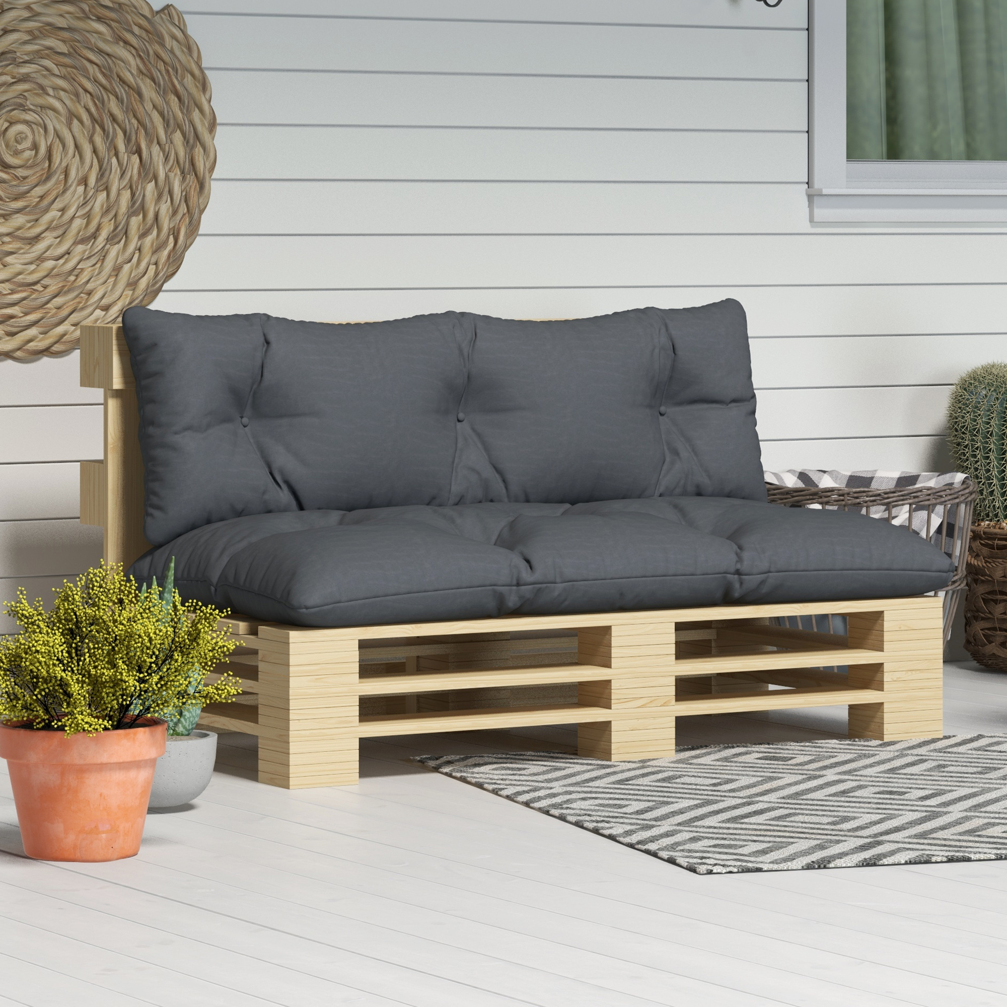 Outsunny 2er-Set Polsterauflage Gartenmöbelsitzkissen Sitzauflage, wetterbeständig, Knopfheftung, 120 x 60 x 15 cm, Grau