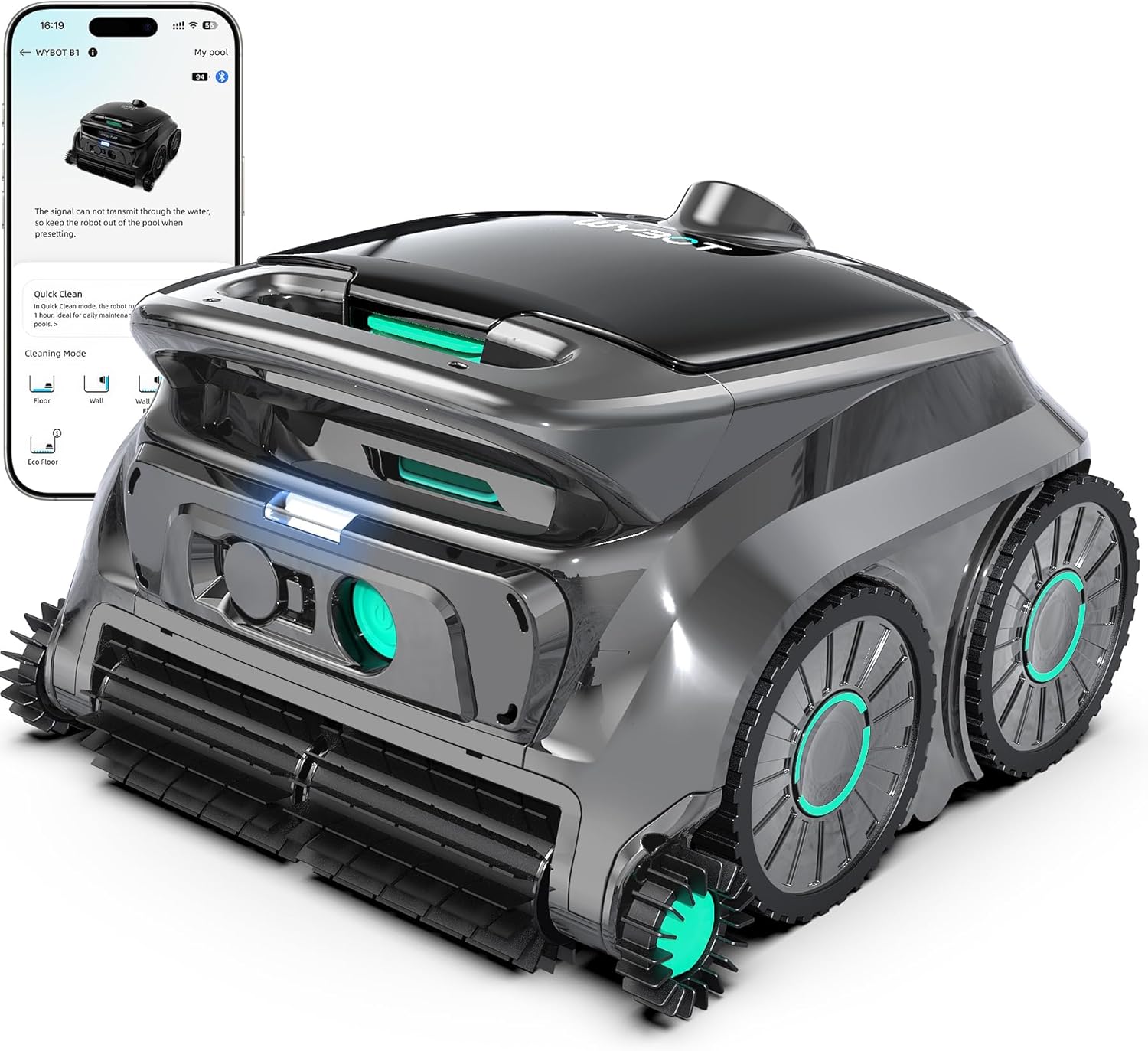 WYBOT OS600 Robot Piscina, Senza Fili, Pulizia Fondo E Pareti, Autonomia 120 Min, Navigazione Intelligente, Parcheggio Automatico, per Piscine Interrate E Fuori Terra, Verde Scuro