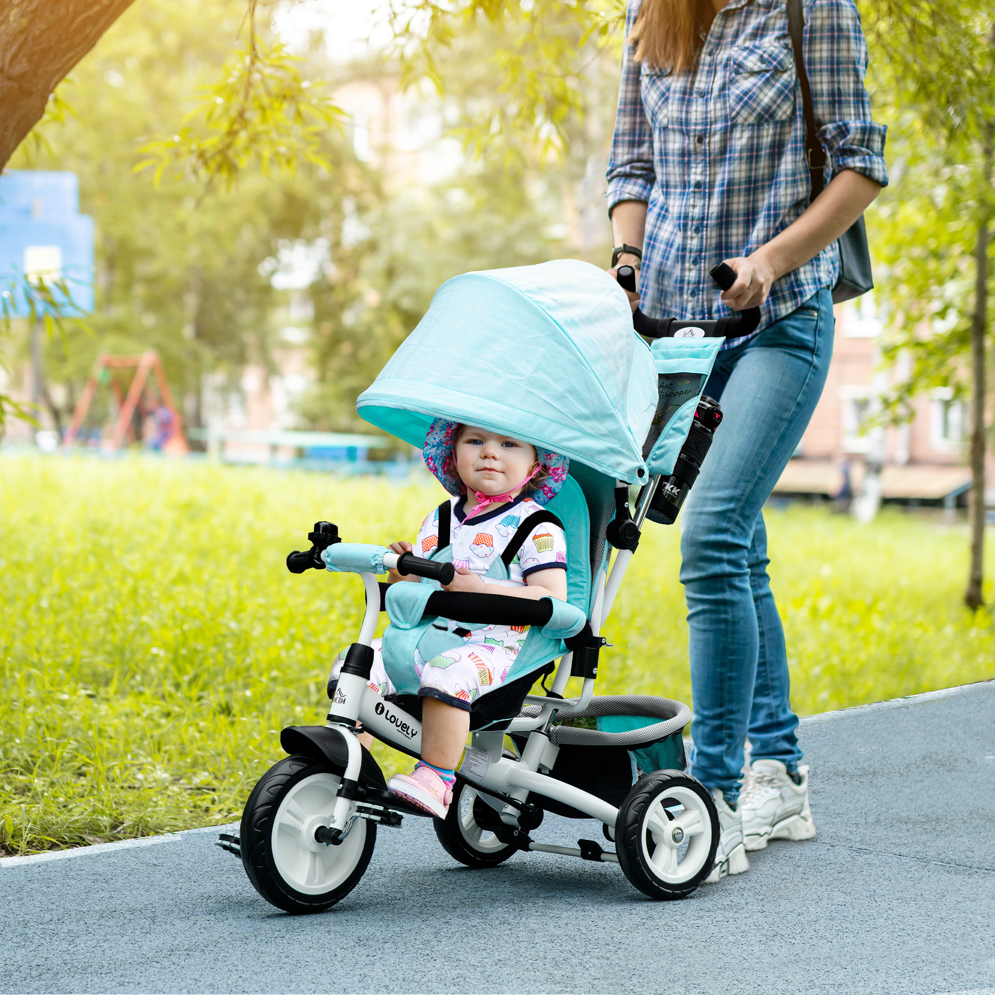 HOMCOM Kinder-Dreirad, Kinderfahrrad, Rückenkorb, Becherhalter, Sonnendach, Metall, Grün