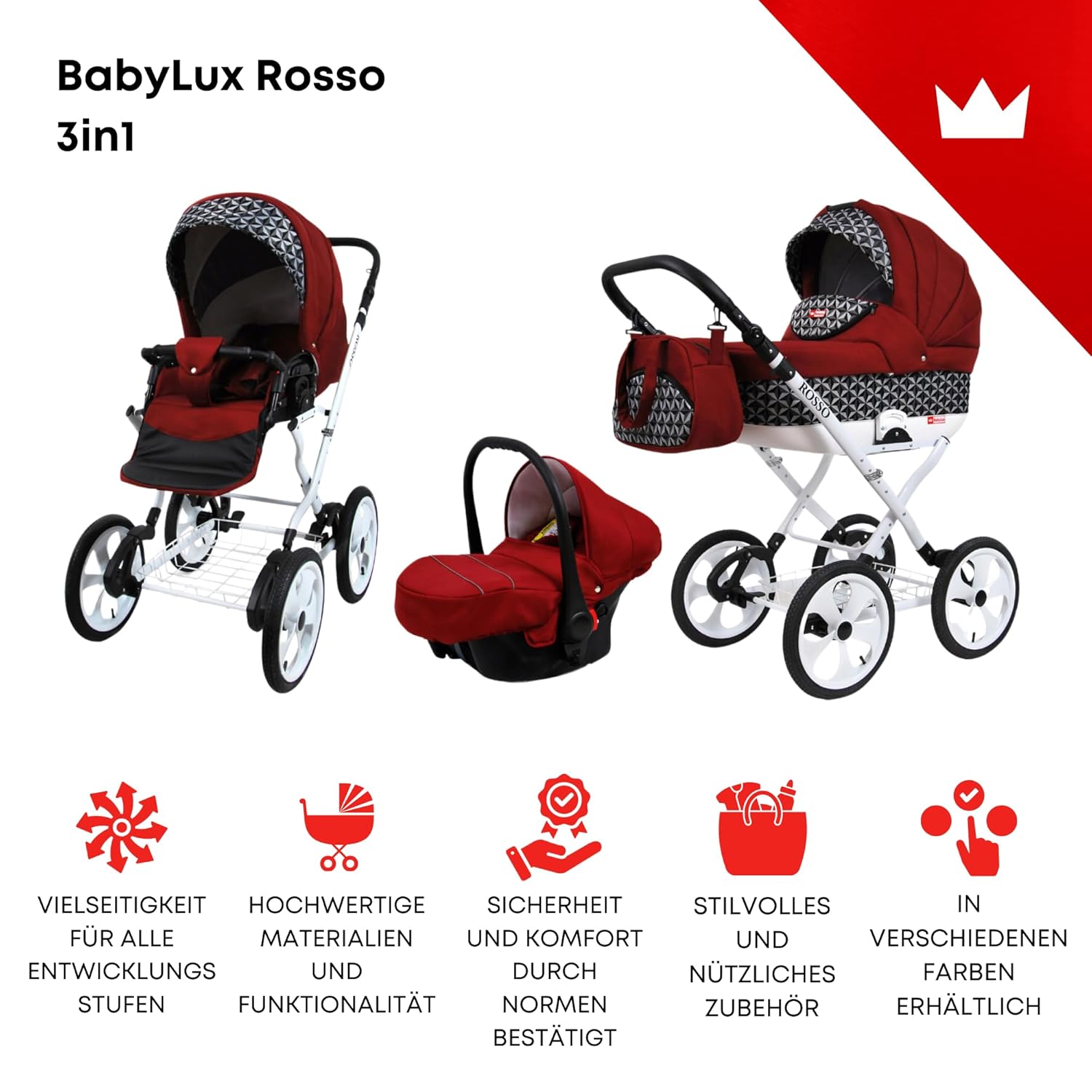 BabyLux® Bambimo Kinderwagen Set 2 in 1 - Rosso - incl. Babywanne, Buggy Sportsitz - Kinderwagenset - Kombikinderwagen mit Wickeltasche, Regenschutz, Moskitonetz, Cupholder usw.