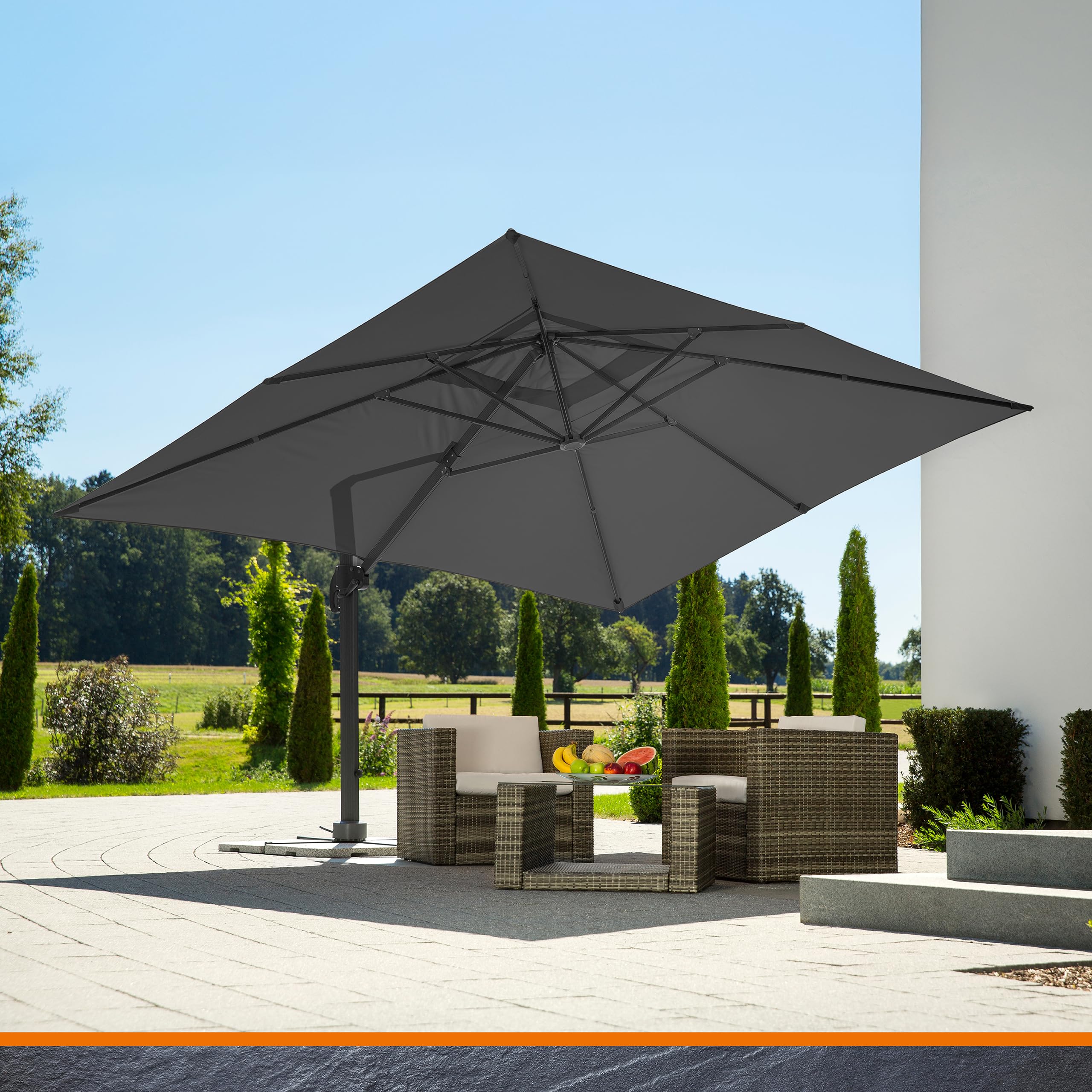 Sonnenschirm RHODOS GRANDE 400 x 300 cm anthrazit, rechteckig mit UV-Schutz 50+, Aluminium-Gestell und 360° Drehgelenk