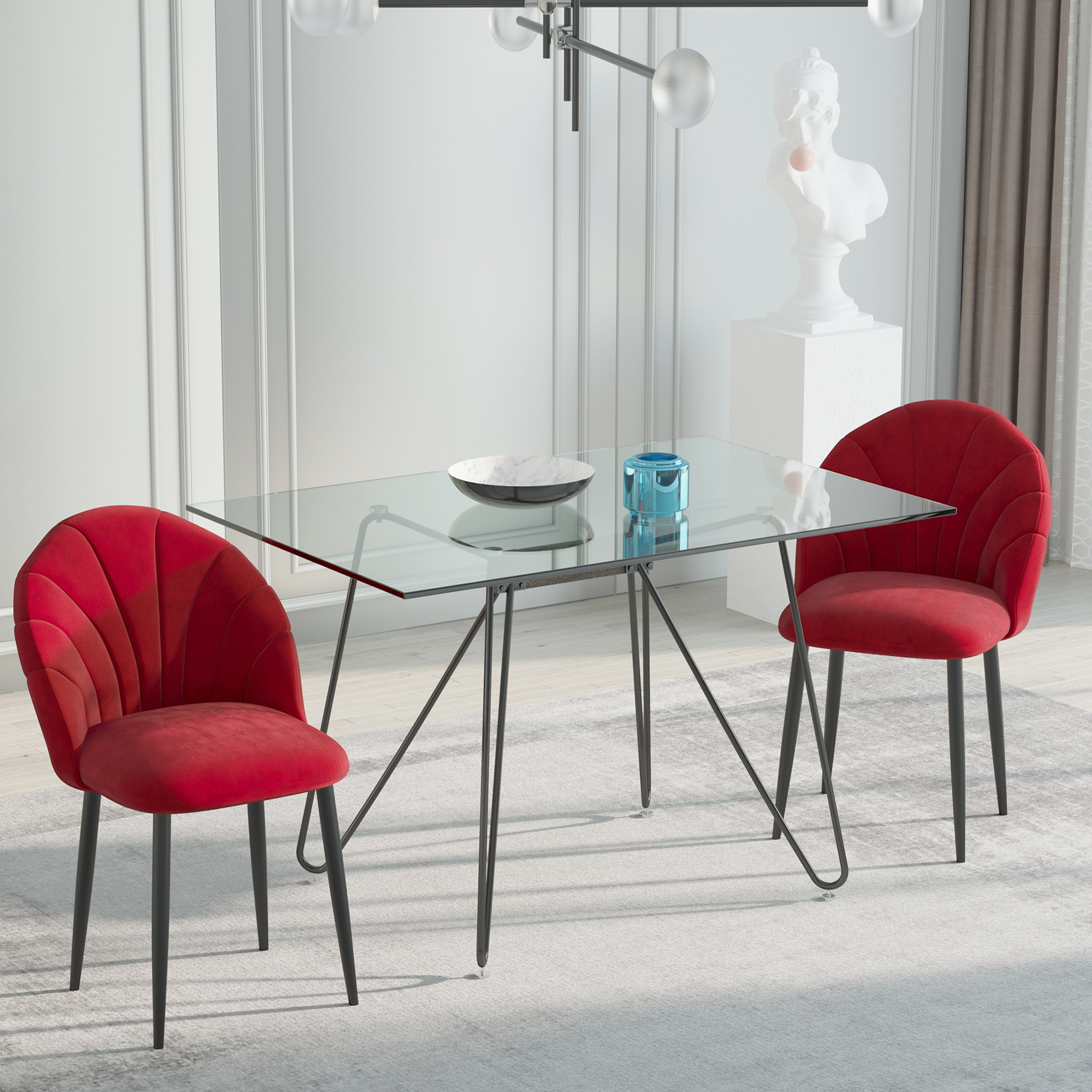 HOMCOM Set 2 Esszimmerstühle aus Samt, Küchen- und Wohnzimmerstühle mit Metallbeinen und Muschelrückenlehne, Rot
