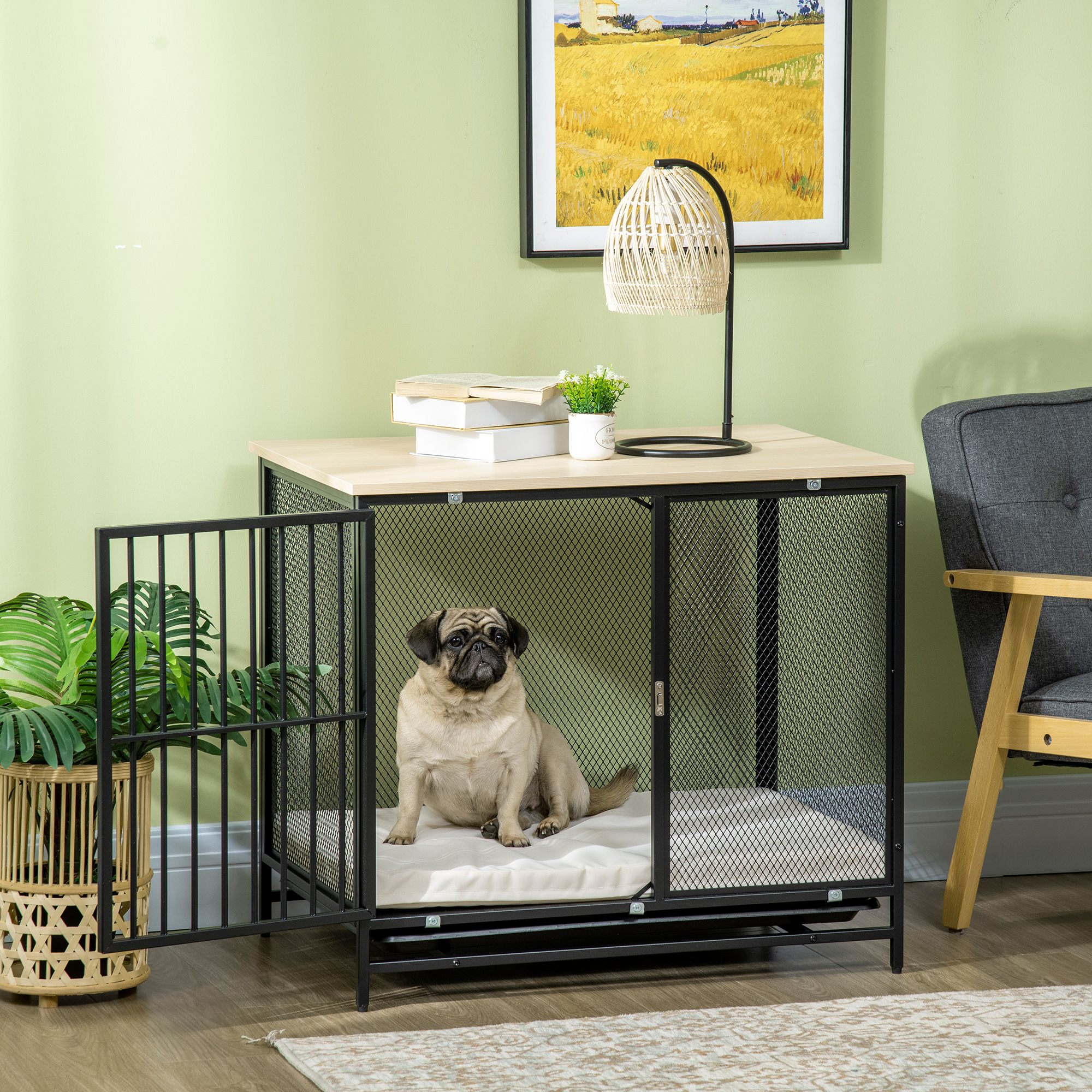 PawHut Hundekäfig, Hundebox, wasserabweisende Matte, herausnehmbare Bodenwanne, verriegelbar, Schwarz, 80 x 55 x 71 cm