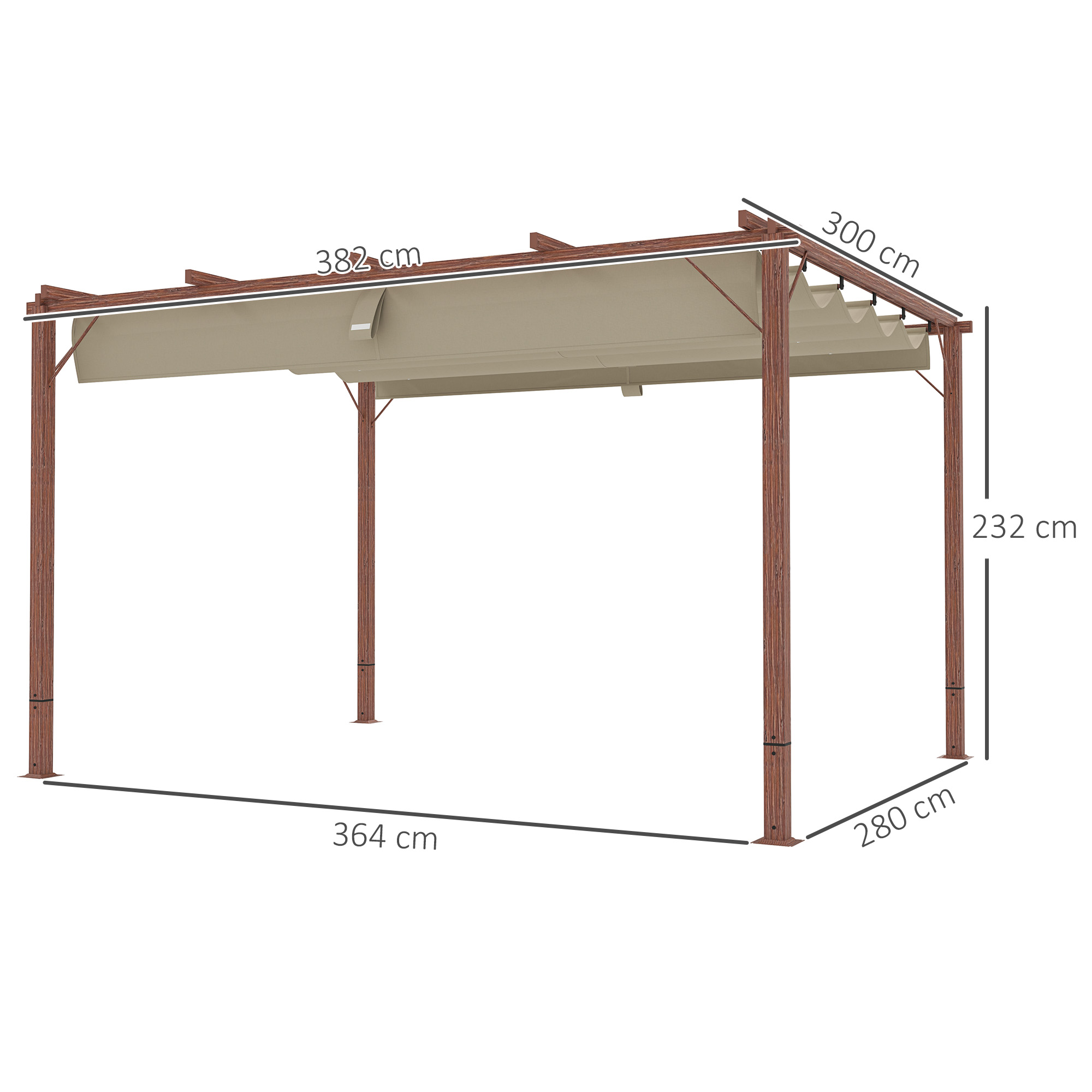 Outsunny 3 x 4 m Tuin-Pergola, Verstelbaar Terrasoverkapping, Aluminium Frame, UPF30+ Zonbescherming, Natuurhout