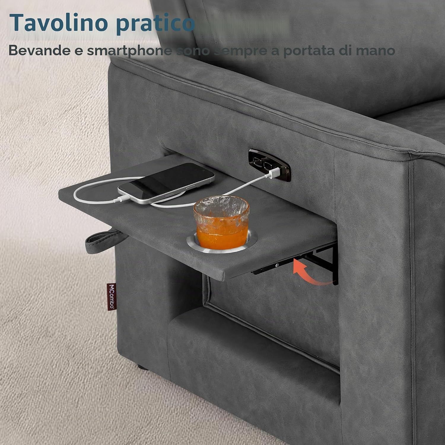 MCombo M Poltrona TV 2 posti elettrica, regolabile in posizione zero-gravity 155°, con tavolino laterale nascosto, funzione relax e cuscino in schiuma piena 35D, 7719M1 (Grigio Scuro)
