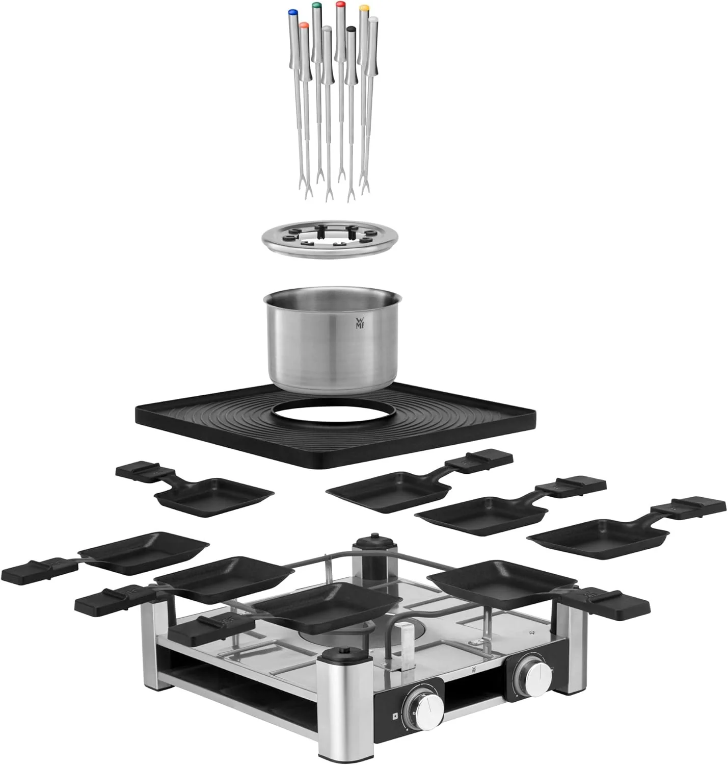 WMF Lumero 3in1 Gourmet Station f��r 8 Personen, Raclette Fondue Kombi, elektrisch, Temperaturregulierung, Beleuchtung, 1800 Watt, platzsparend, edelstahl matt