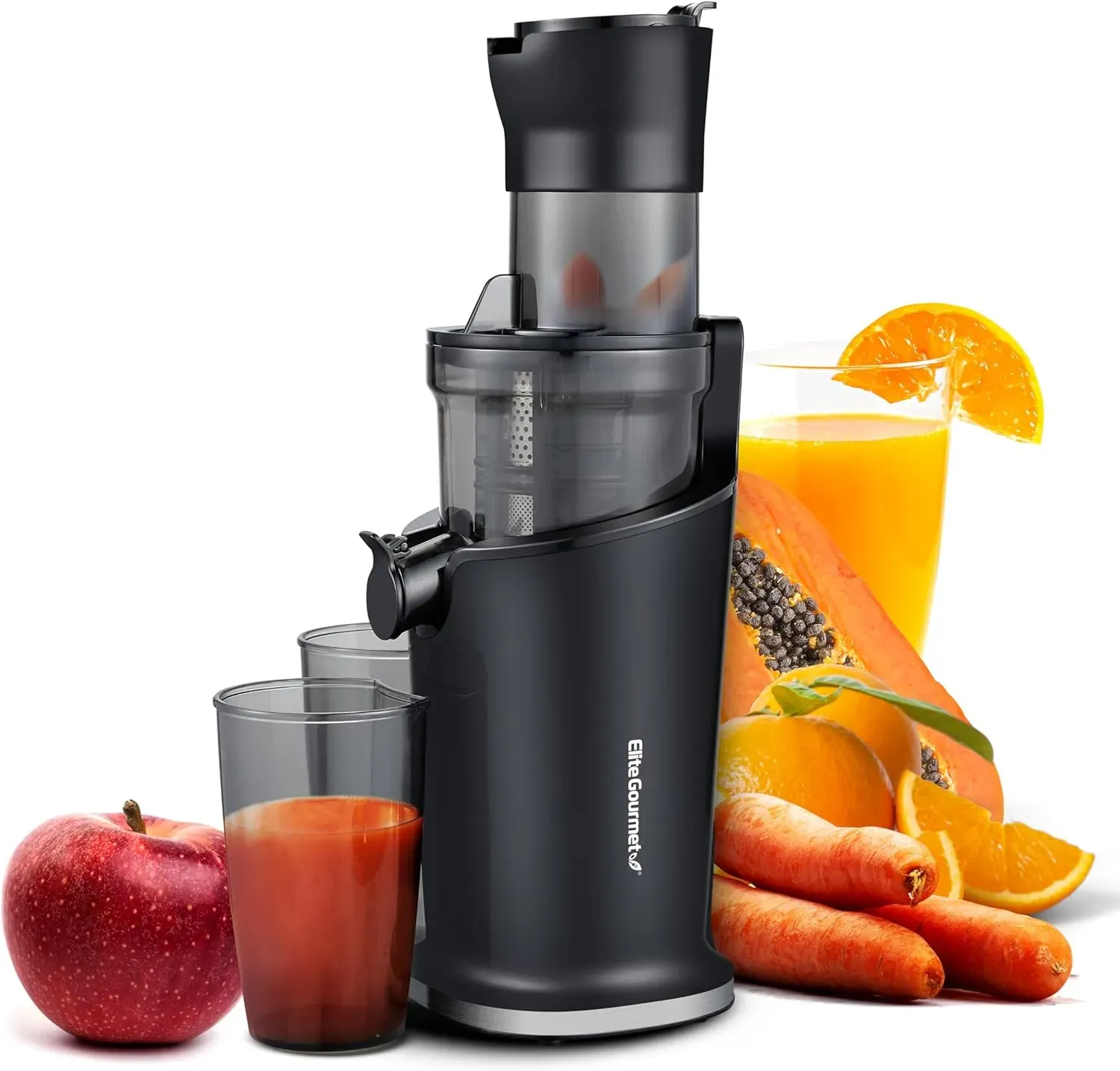 Elite Gourmet EJX320 Big Mouth Whole Fruit 5.2&rdquo; Self Feeding Chute, Cold Press Masticating Slow Juice Extractor，Black