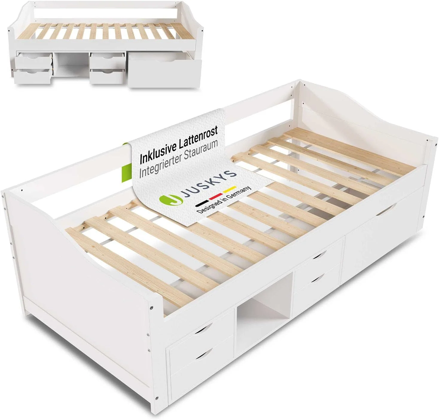 Juskys Funktionsbett Nalu 90x200 cm, Holz Bett mit Lattenrost & Schubladen, Stauraumbett für Kinder, Jugendbett, Kinderbett, Gästebett, Weiß