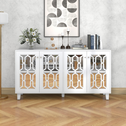 Anrichte mit Spiegeloberfläche und Kristallgriffen, Vier Türen und verstellbarem Regal für Wohn- und Esszimmer, Weiß