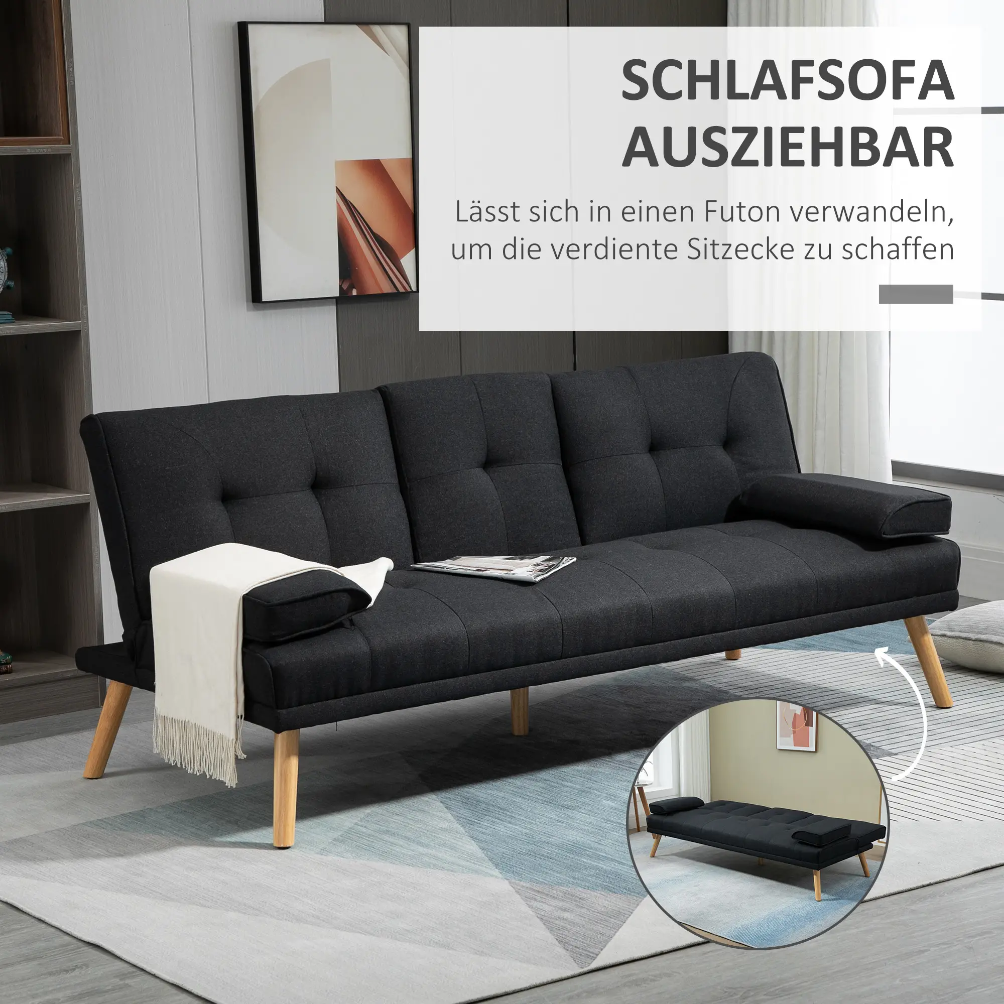 HOMCOM Schlafsofa 3-Sitzer mit klappbarem Tisch und 3-fach verstellbar