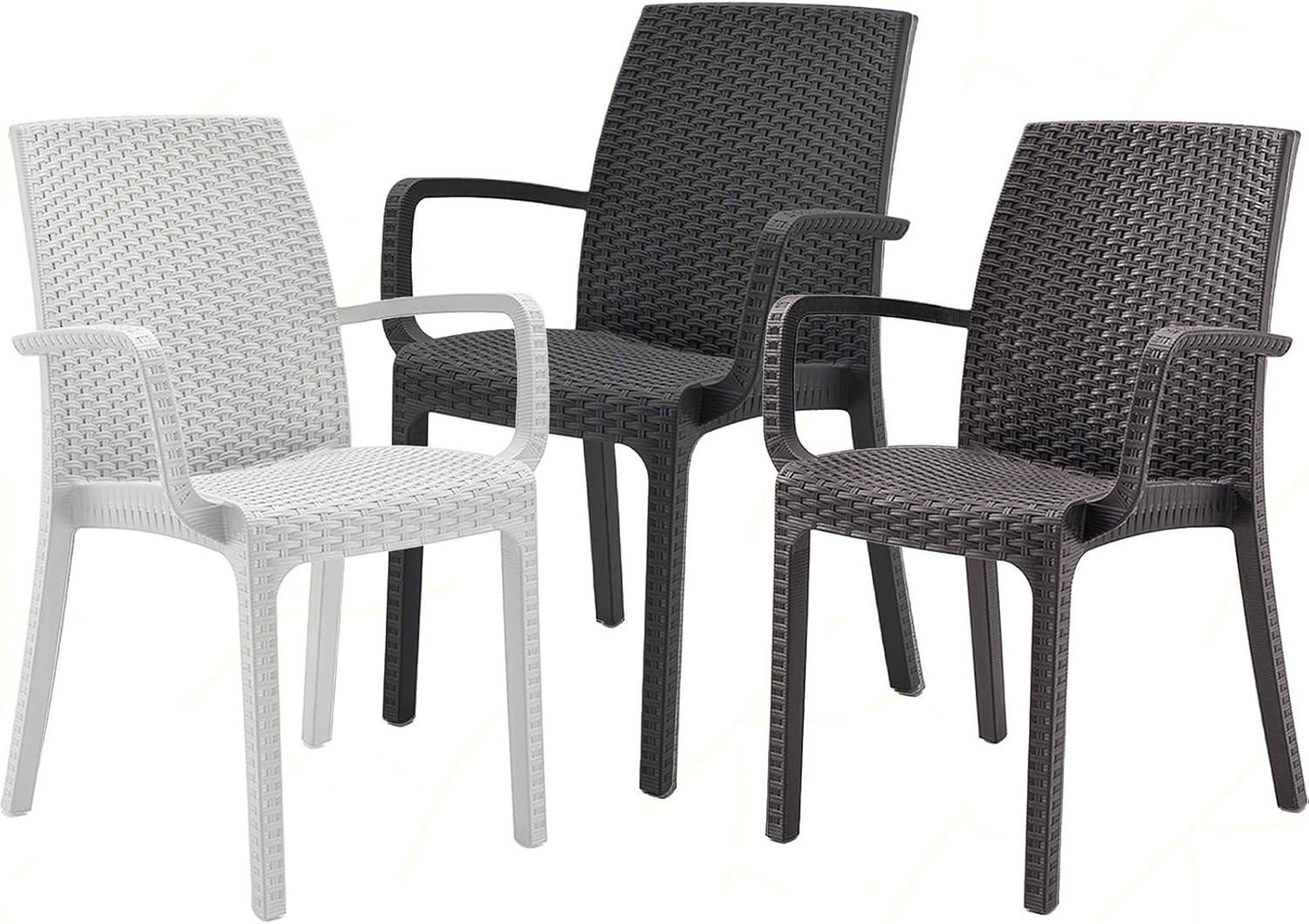 Sicignano Set of 5, 4 Chairs with Armrests + 1 Square Rattan Table – Stackable, UV Resistant, Indoor Outdoor Furniture Bar Pub Garden Terrace, Made in Italy (Anthracite)
