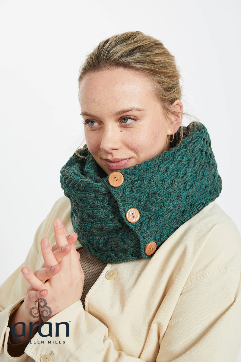 Aran Snood Scarf with Buttons , Connemara Green