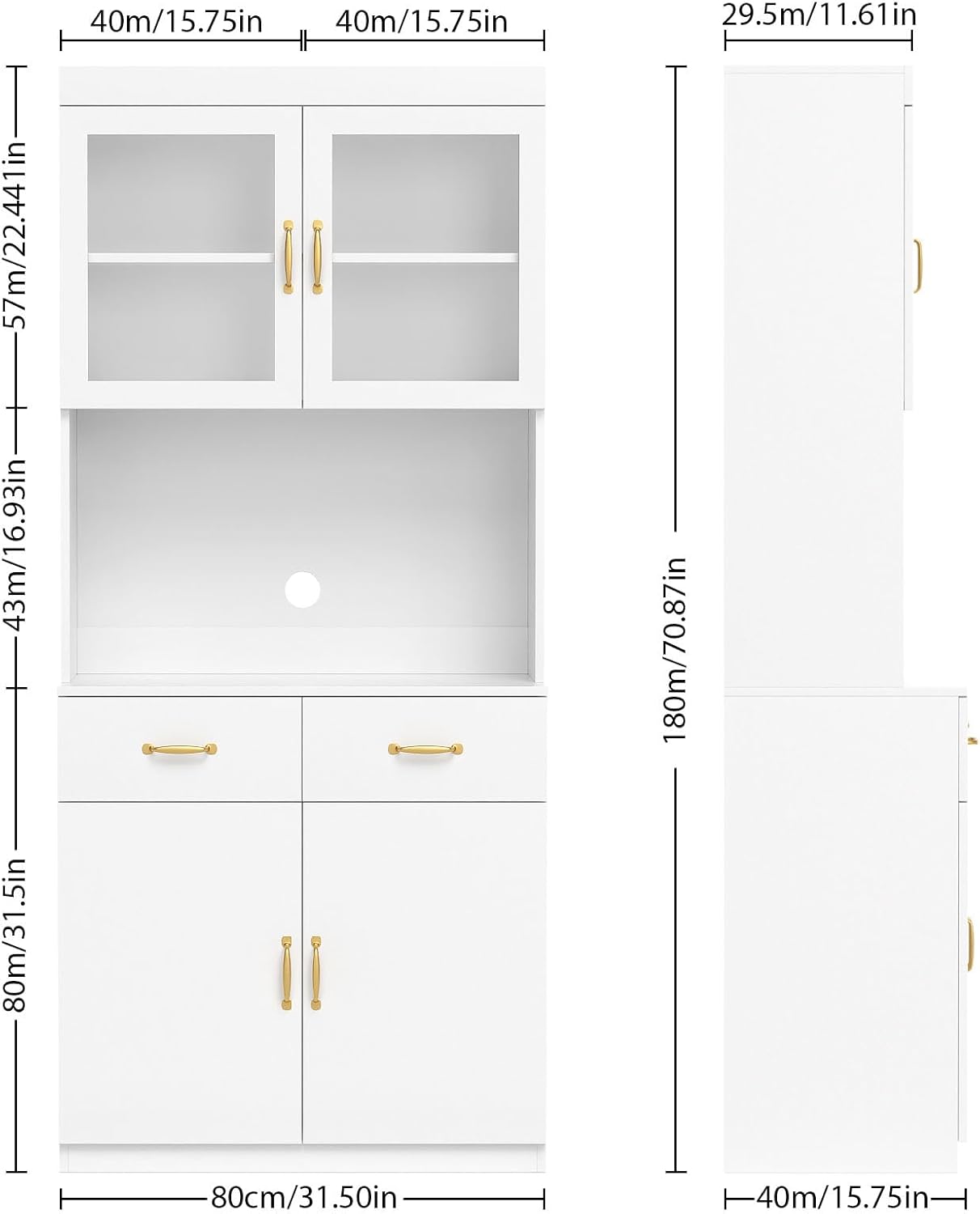 VOWNER Credenza Cucina Alta, Cucina Dispensa, Mobile Buffet, Mobile Dispensa con 4 Armadietti, Armadio Dispensa, 2 Ripiani Regolabili, MDF, 80L x 40W x 181H cm (Bianco)