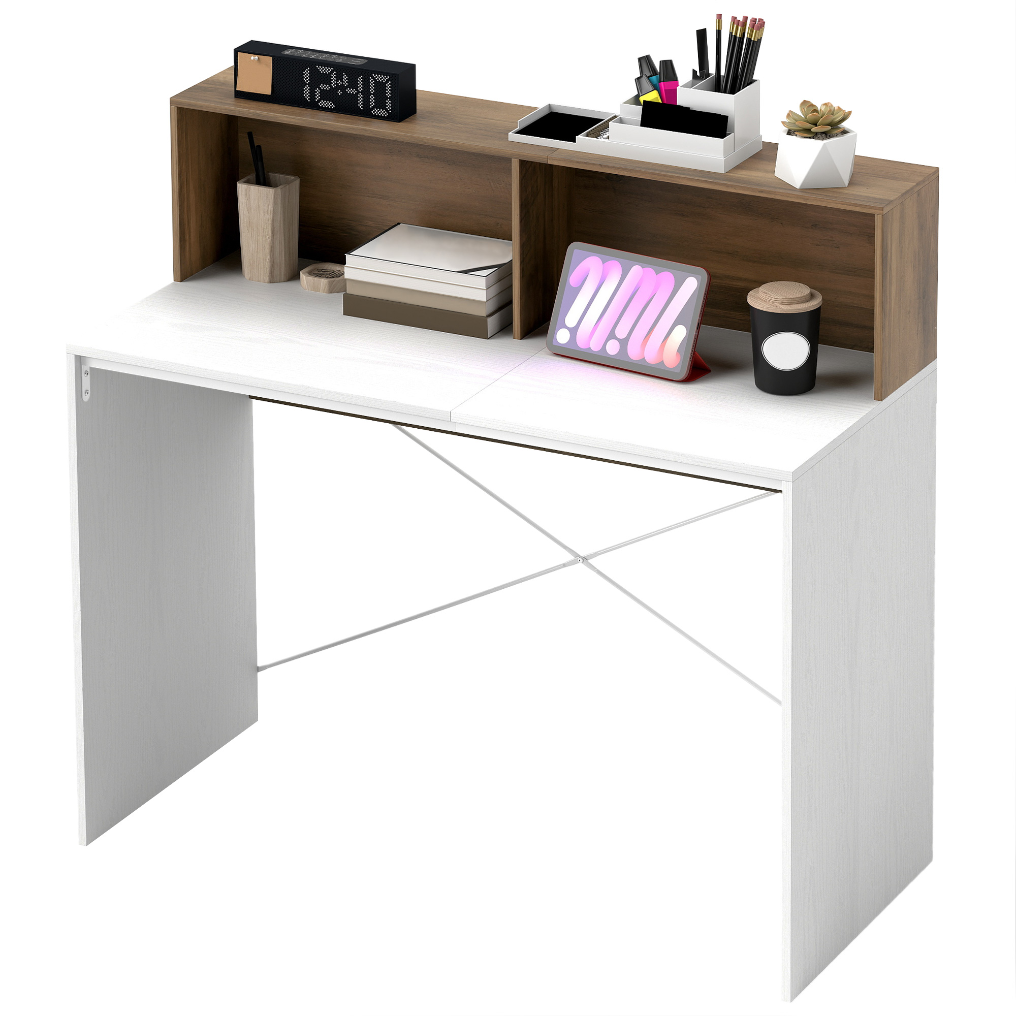 HOMCOM Moderner PC-Schreibtisch mit erhöhter Arbeitsplatte und 2 Regalen, aus Spanplatte, 110x50x102.6 cm, Weiß, Nussbaum