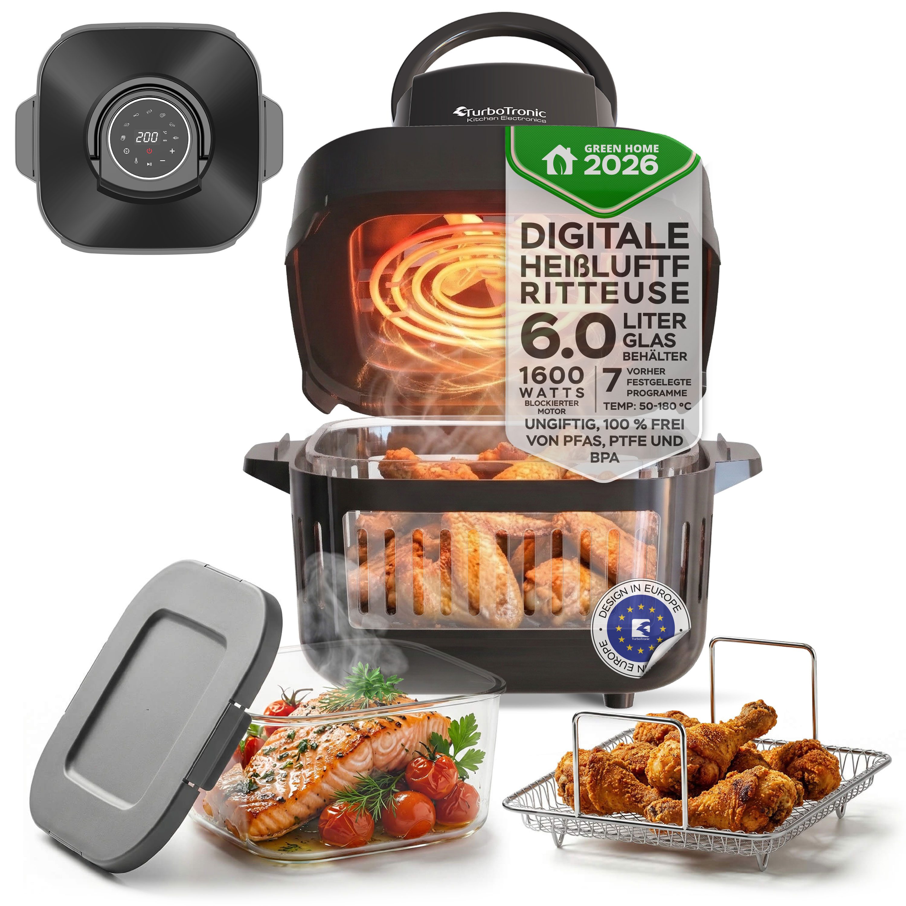 Heißluftfritteuse 1600 W Glas digitaler Airfryer Heißluftofen BPA-frei gesund kochen