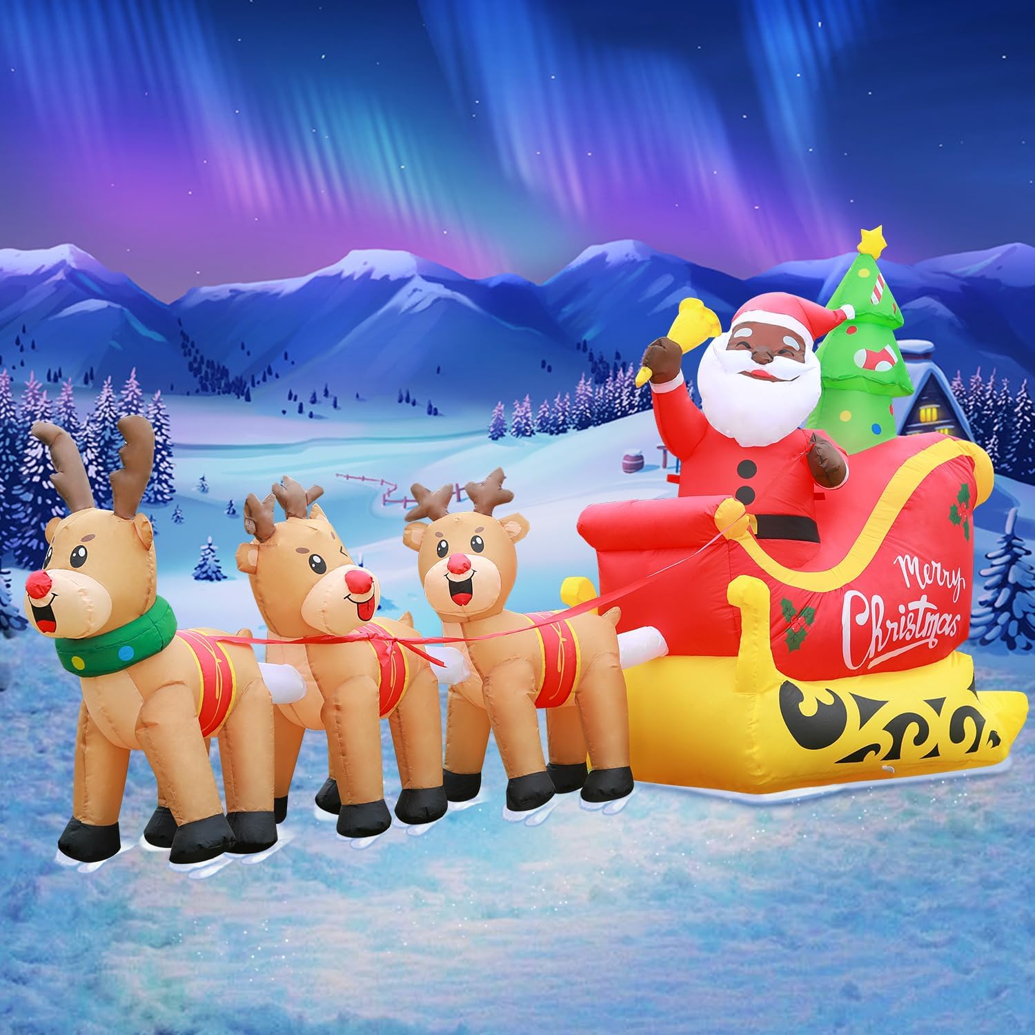 DomKom 12FT Christmas Inflatable Black Santa on Sleigh with Reindeer, LED Lit Outdoor Yard Decoration