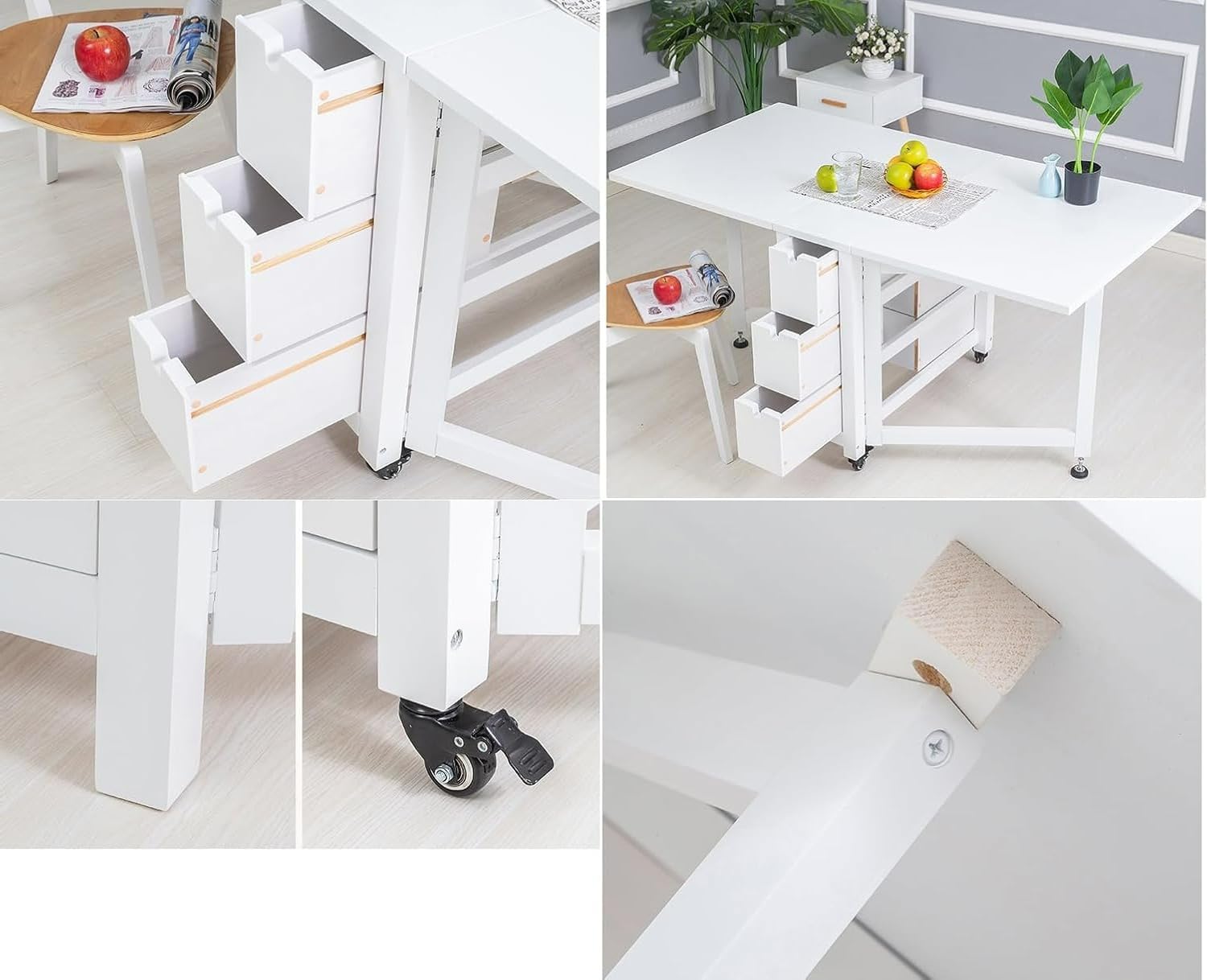 Tavolo da pranzo pieghevole in legno massello con ruote, set da cucina con 1 tavolo e 8 sedie, ideale per riunioni di famiglia e piccoli spazi, design salvaspazio