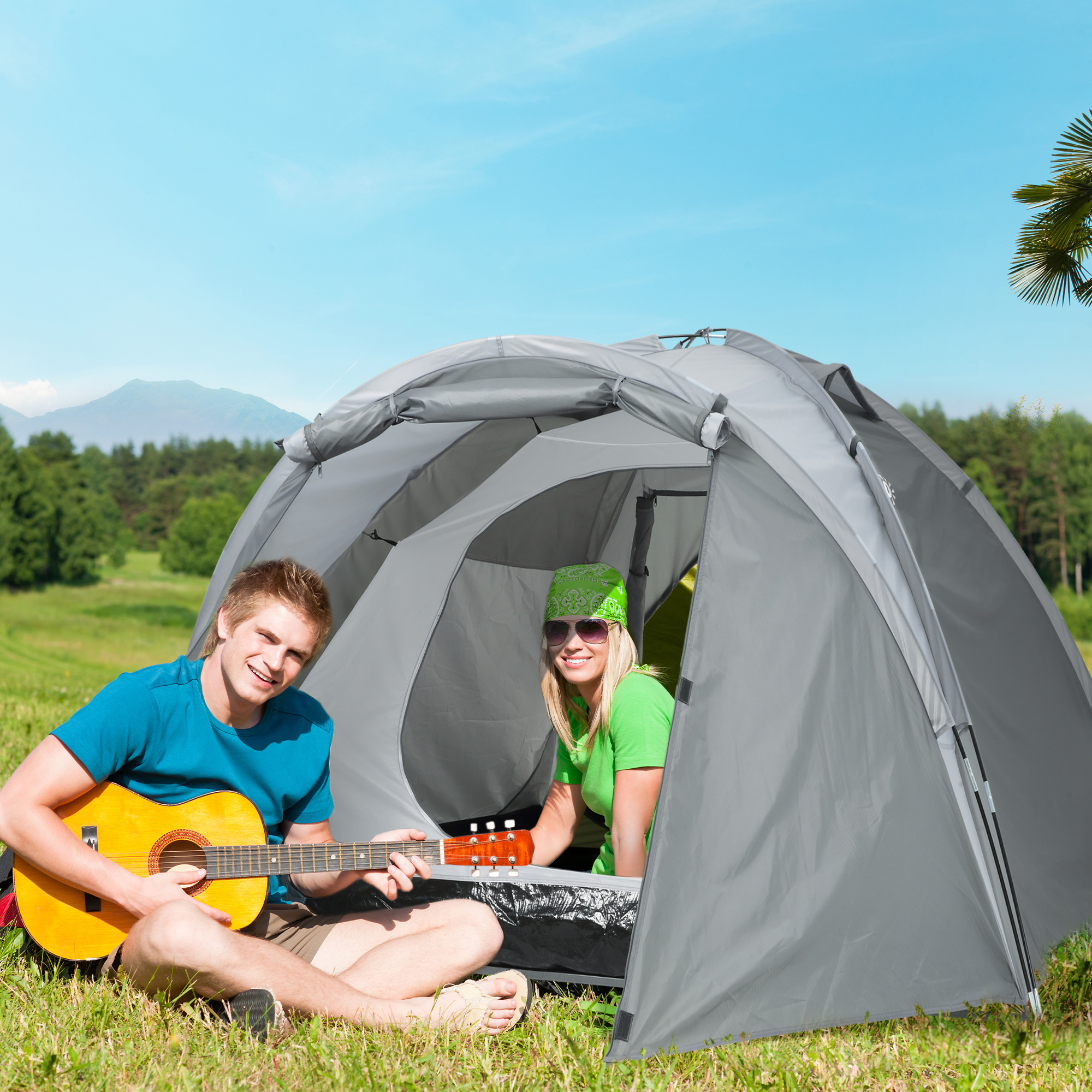 Outsunny Campingzelt für 2-3 Personen Glasfaser Tür mit Reißverschluss Meshfenster inkl. Transporttasche Kuppelzelt 190T Kunstleder2000mm Glasfaser Grau
