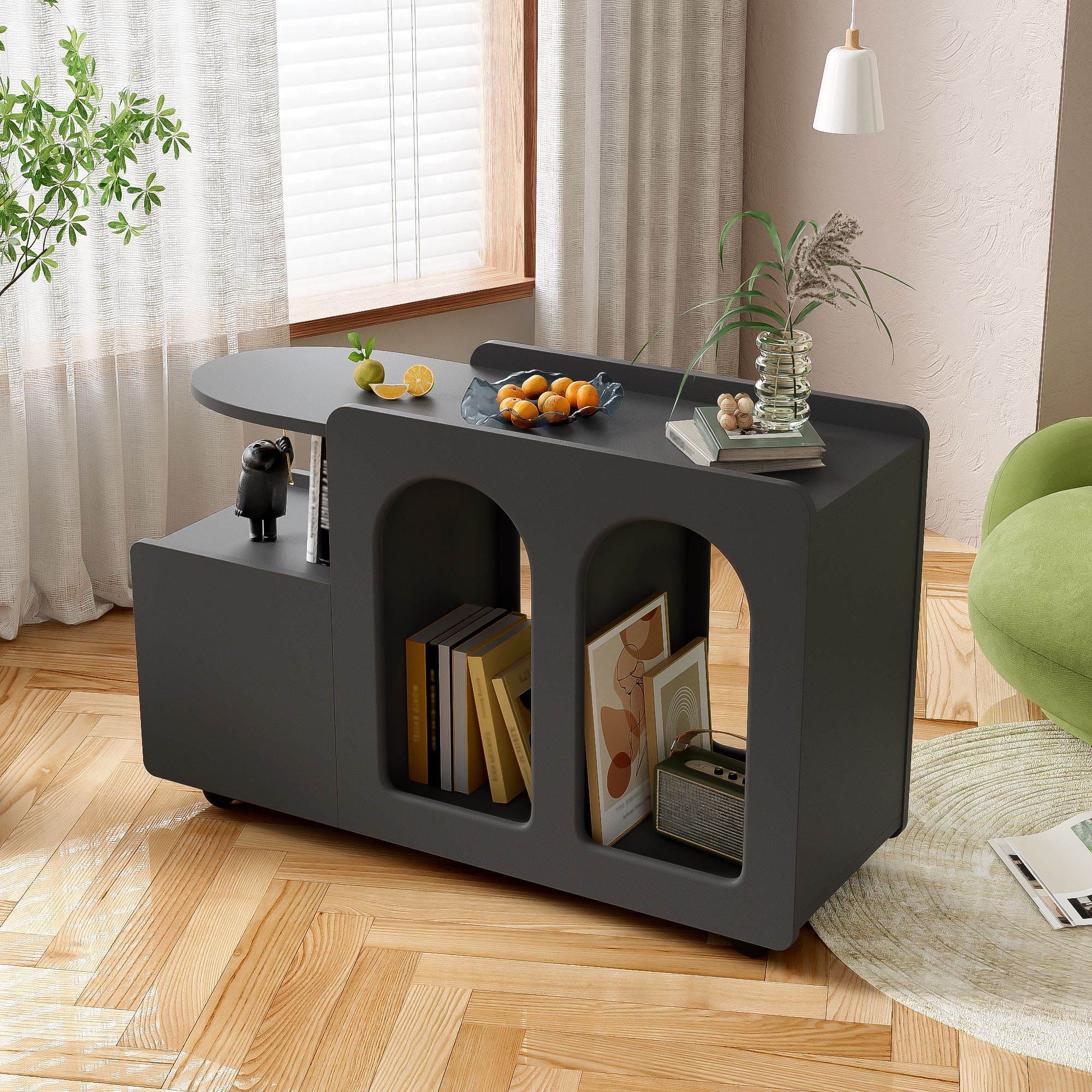 Multifunktionaler Beistellschrank mit Rollen, vielseitiger Aufbewahrungswagen für Wohnzimmer, Esszimmer und Schlafzimmer, 82 cm x 30 cm x 53 cm, Schwarz