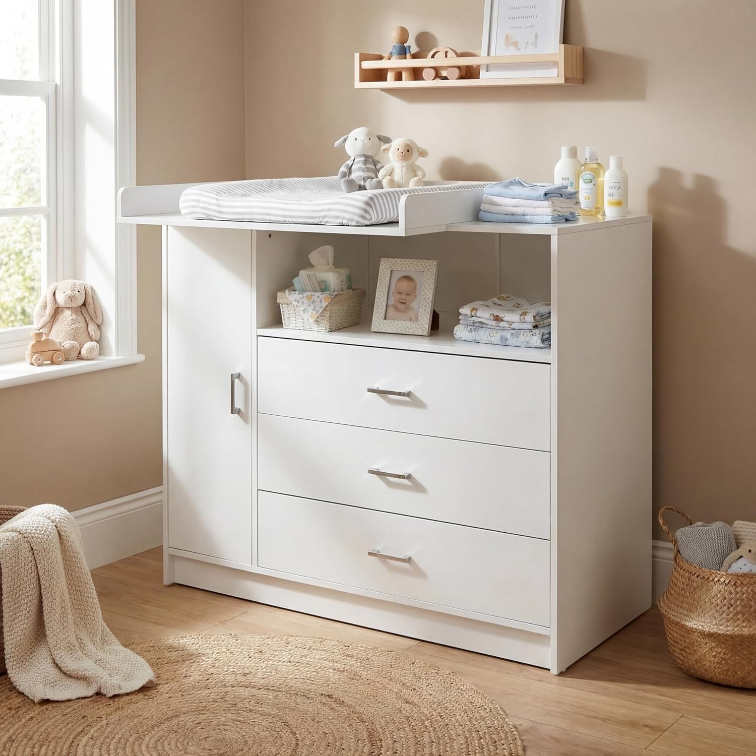 ecomi Wickelkommode Wickeltisch Baby Kommode aus Holz mit Wickelaufsatz, 3 Schubladen, 1 Tür, 100 cm Höhe in Weiß, Wickeltisch 113x100 cm Griffe verchromt