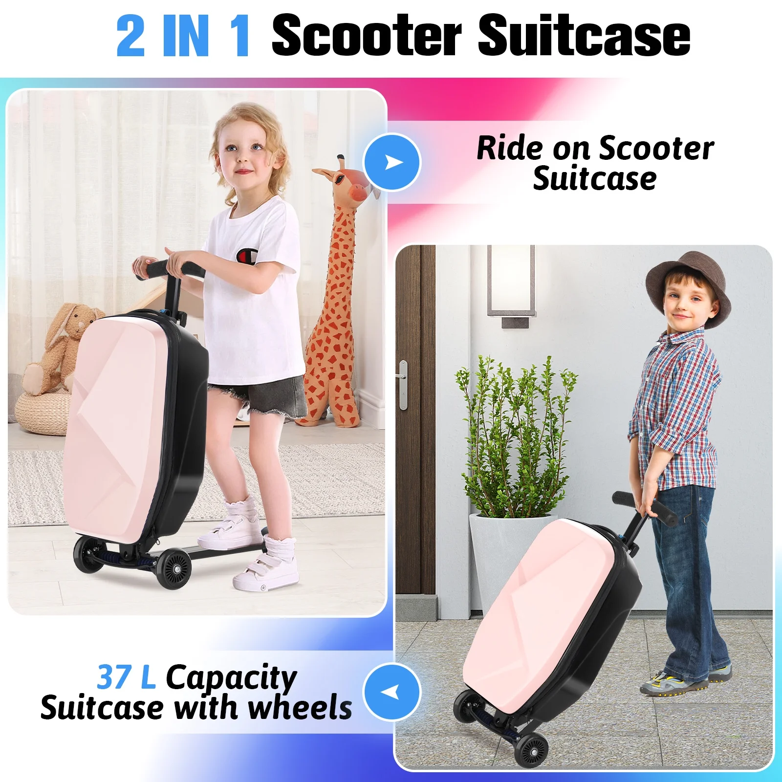 Advwin Scooter Luggage for Kids & Adults, Hardside Ride on Suitcase for Kids Ages 4-15 Multifunctional Lightweight Foldable Carry on Luggage with Wheels Ride on for Children Teenagers, Pink