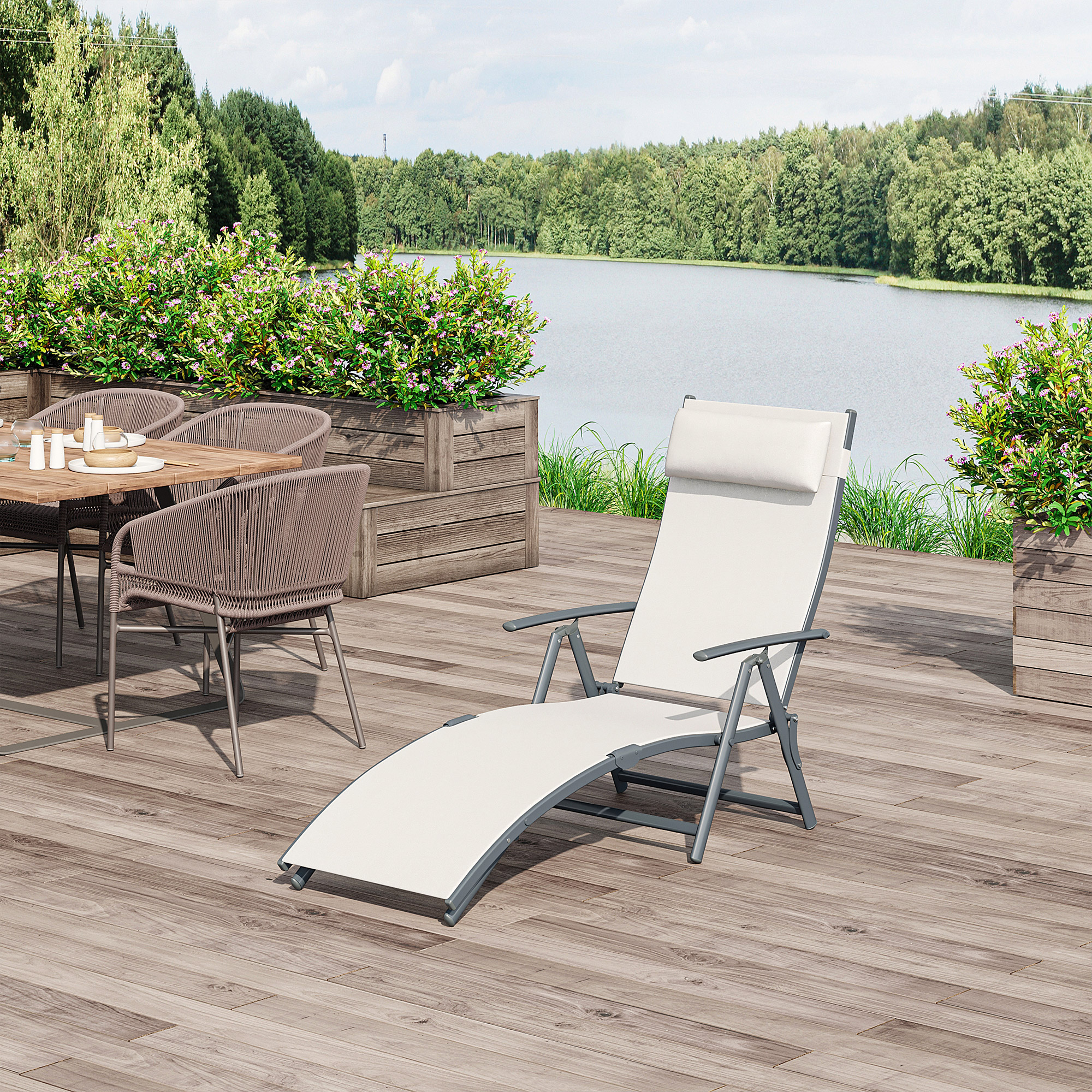 Outsunny Sonnenliege klappbar Strandliege mit Kissen Liegestuhl mit 7-Fach verstellbare Rückenlehne Gartenliege Relaxliege Gartenstuhl bis 165 kg belastbar, für Garten Urlaub Outdoor, Cremeweiß