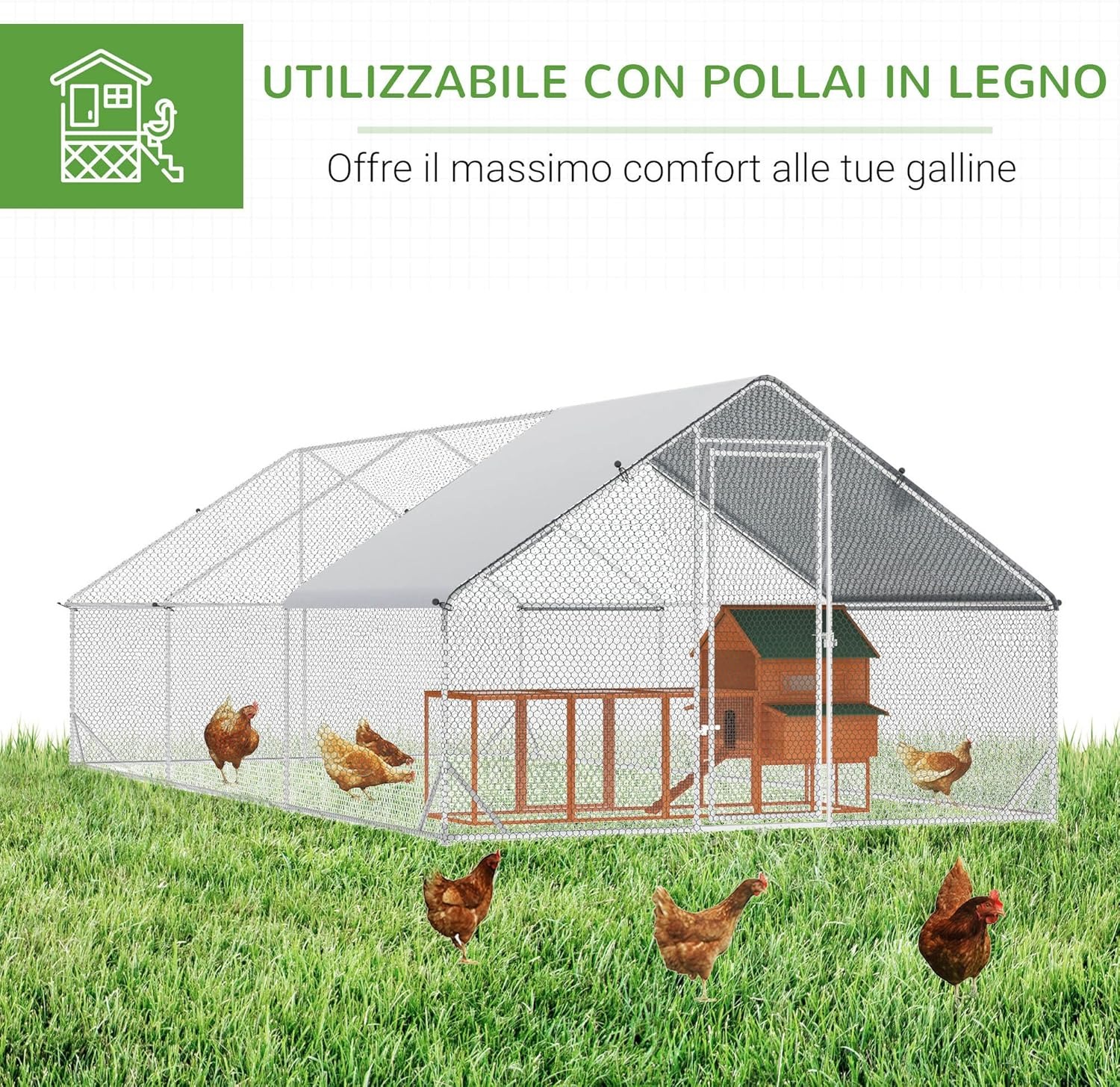 PawHut Pollaio da Esterno con Telaio Zincato e Rete Esagonale, Pollaio per Galline da Esterno con Copertura in Tessuto Impermeabile per 16-24 Polli, Anatre e Conigli, 3x8x2m