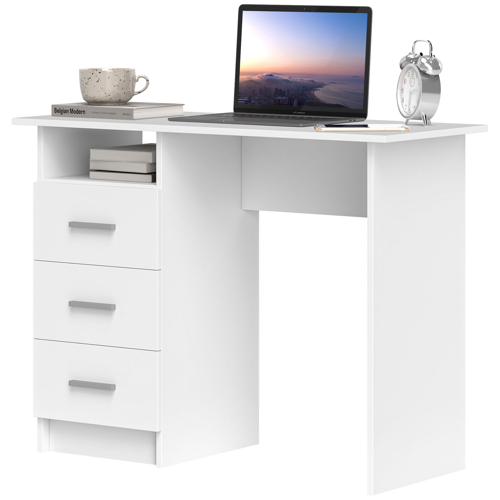 HOMCOM Moderner Schreibtisch aus Holz mit 3 Schubladen und offenem Regal, 100x40x75 cm, Weiß und Braun