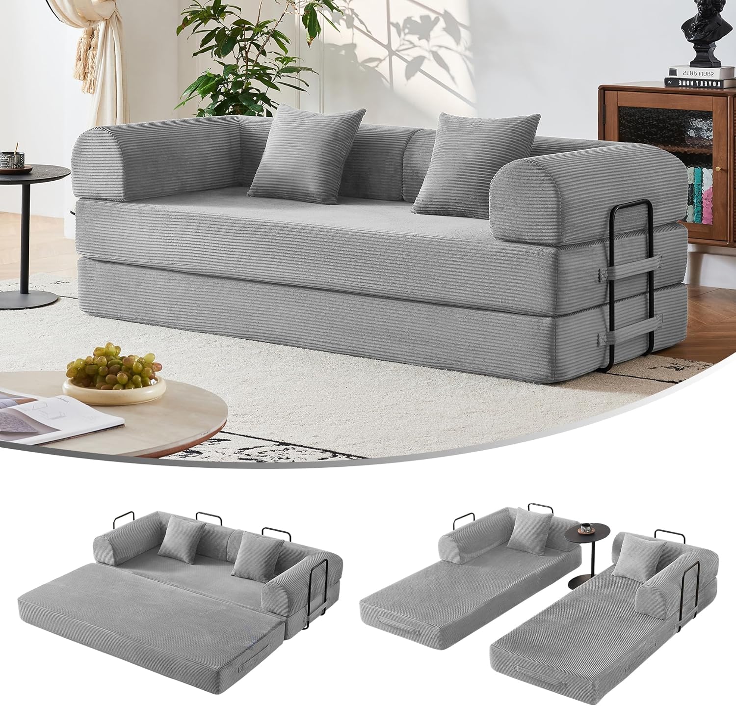 79 Inch Corduroy Convertible Sleeper Sofa Bed with Pillows