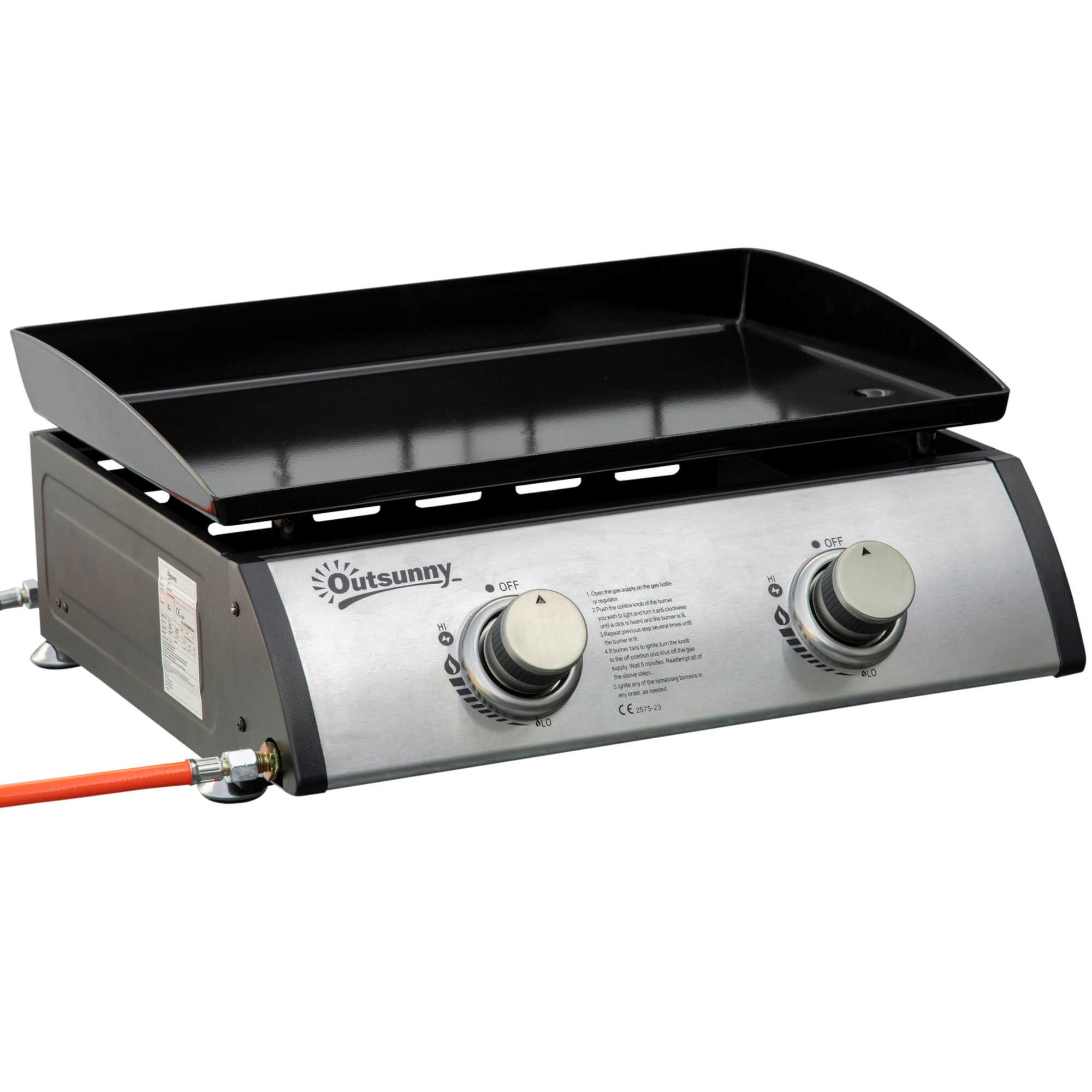 Outsunny Gasgrill mit 2 Brennern, Schlauch, Antihaft-Grillplatte, Edelstahl, Farbe: Silber, 48,5 x 48 x 21 cm
