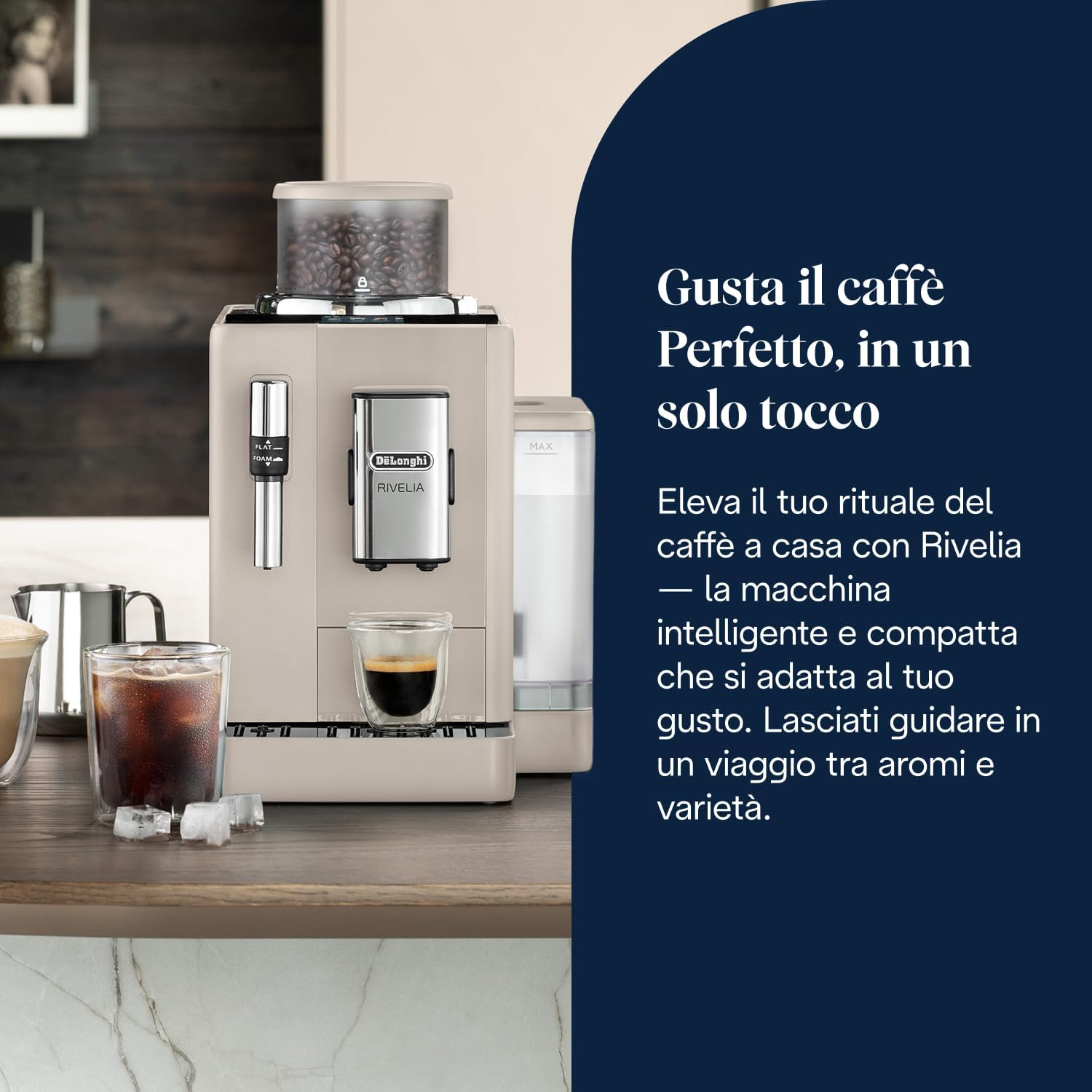 De’Longhi Rivelia – Perfetto Macchina da Caffè Automatica, Montalatte Classico, 8 Bevande in un Solo Tocco, Display Touch a Colori, Contenitori Chicchi di Caffè Intercambiabili, Beige (EXAM440.35.BG)