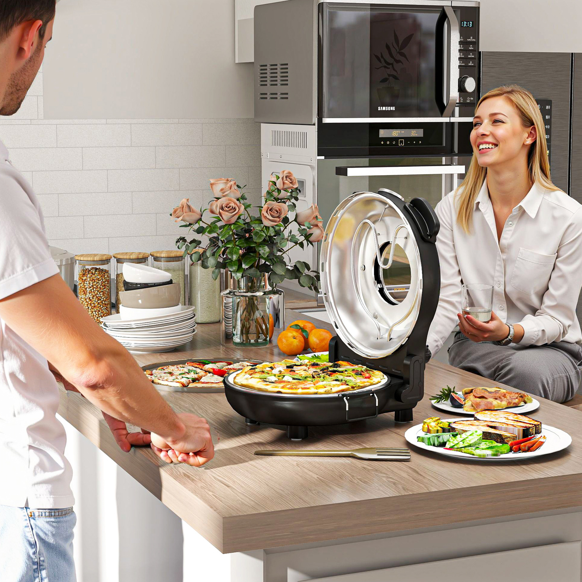 HOMCOM Pizzaofen elektrisch 430 ℃, 1200 Watt Pizzabäcker mit 30cm Steinplatte Timer Sichtfenster Edelstahl Schwarz
