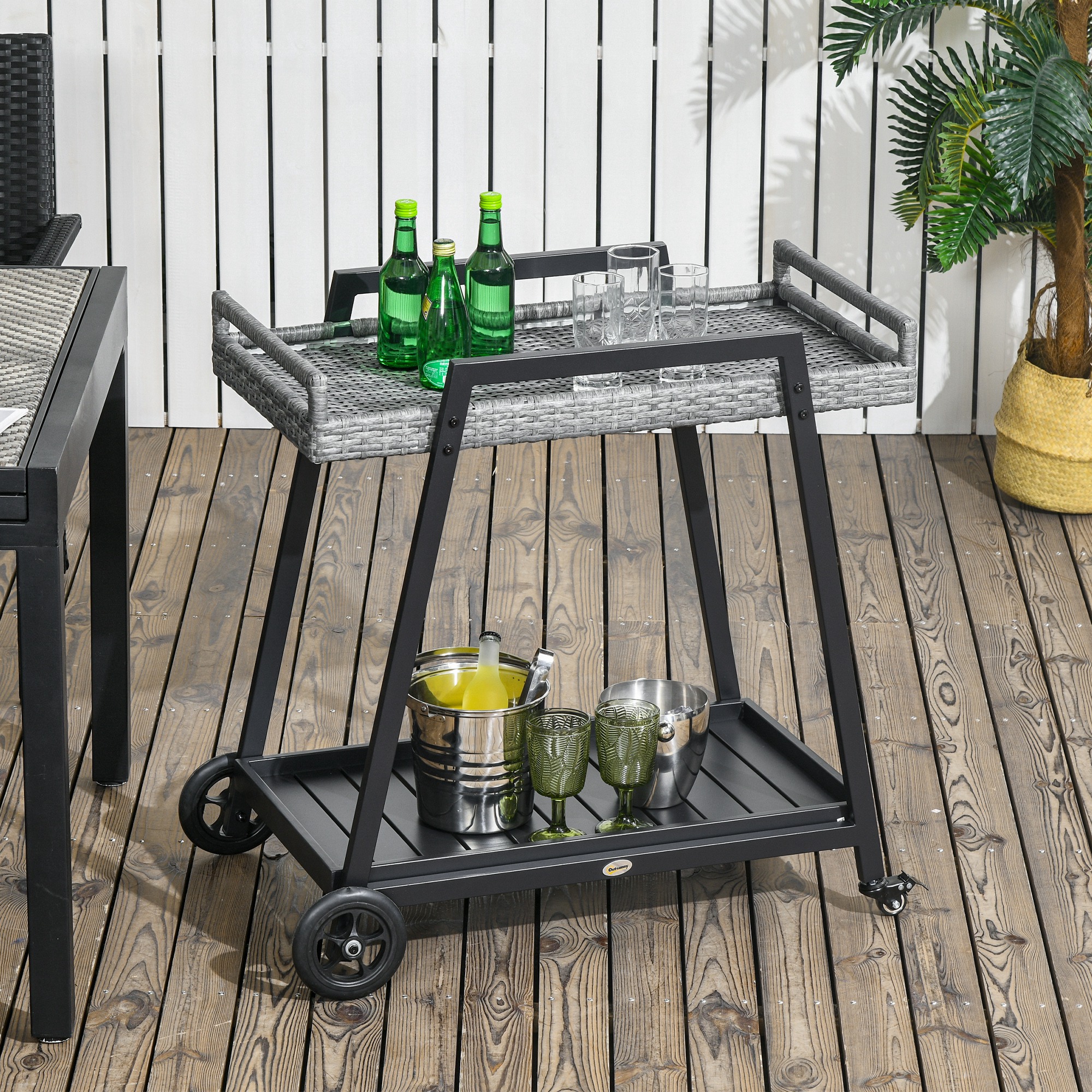 Outsunny Grillwagen BBQ-Wagen Servierwagen, 1 Ablage, PE-Rattan, 79 cm x 52 cm x 82 cm, Grau