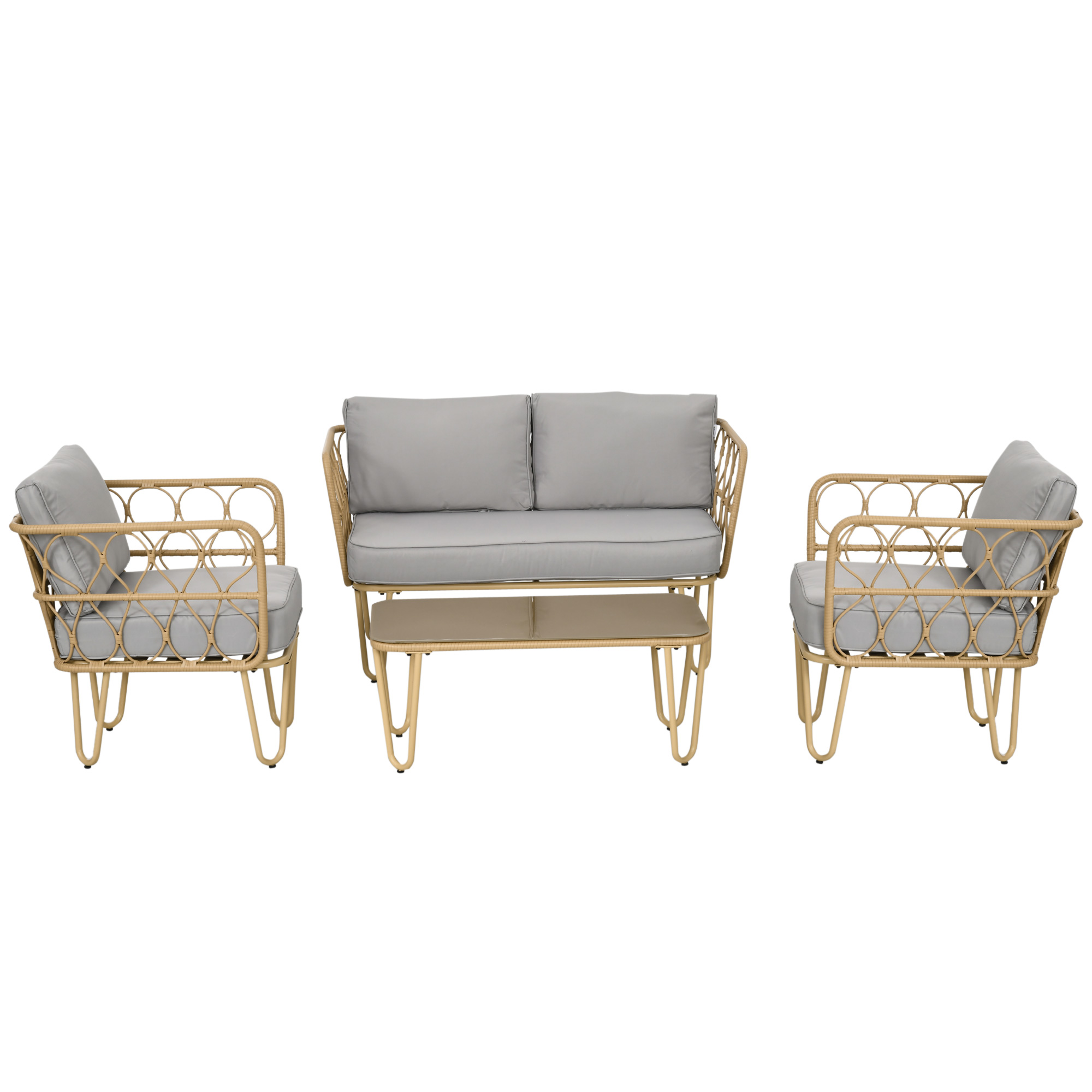 Outsunny Gartenmöbel-Set 2-Sitzer-Sofa + 2 Sessel + 1 Couchtisch mit gehärteter Glasplatte 7 Kissen Beige