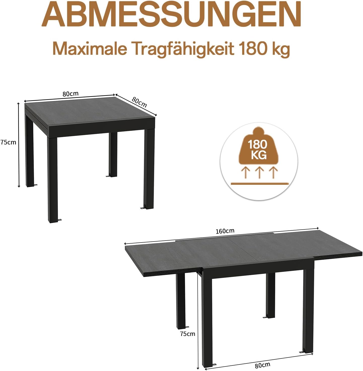 Devoko Extendable Aluminium Garden Table – Weather Resistant, 130 – 260 x 80 x 75 cm, UV Protection and Easy to Clean, for 4 – 6 People for Patio/Garden, Dark Grey