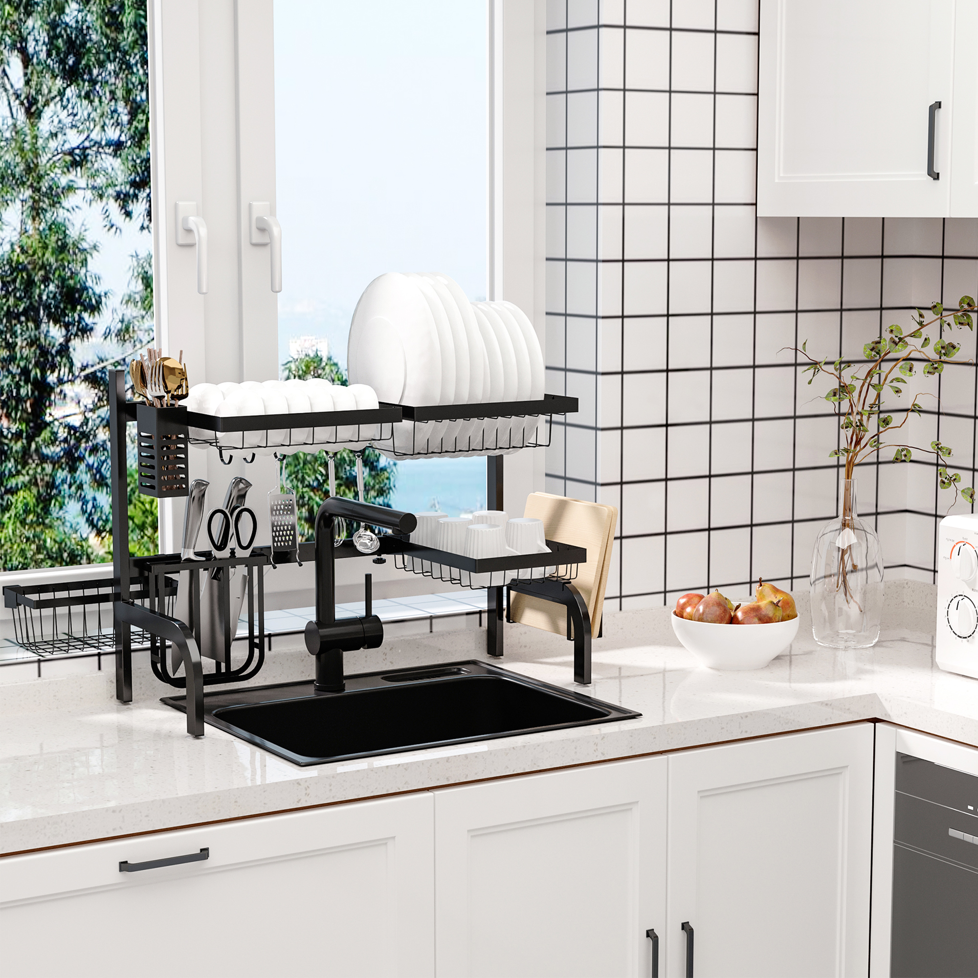 HOMCOM Abtropfgestell, längenverstellbar 51-93 cm, viele Elemente, flexible Anordnung, 93 x 30 x 52cm, schwarz