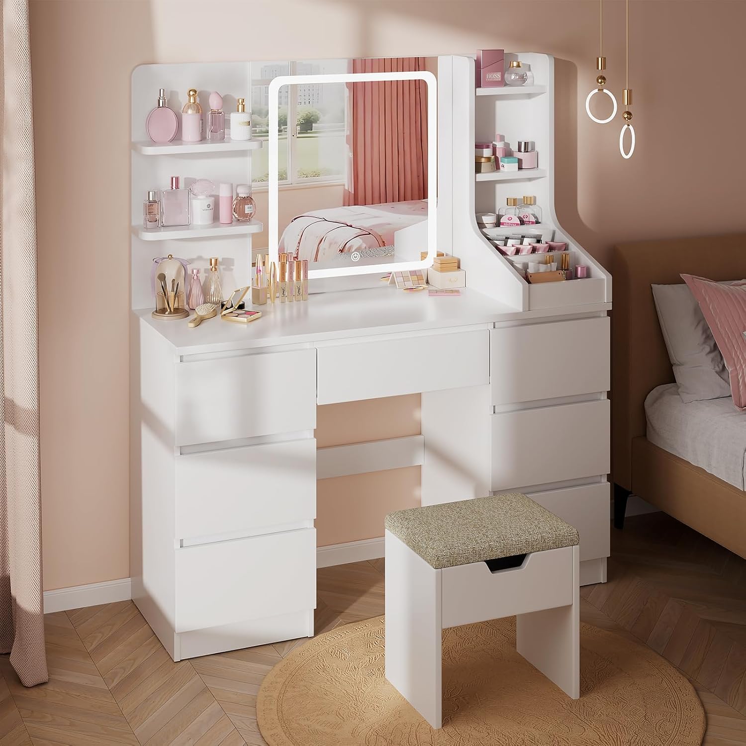Airfish Make-up Vanity with LED Lights, Adjustable Brightness, Makeup Table with Mirror, Makeup Desk with 7 Drawers, 4 Open Shelves for the Bedroom (White)
