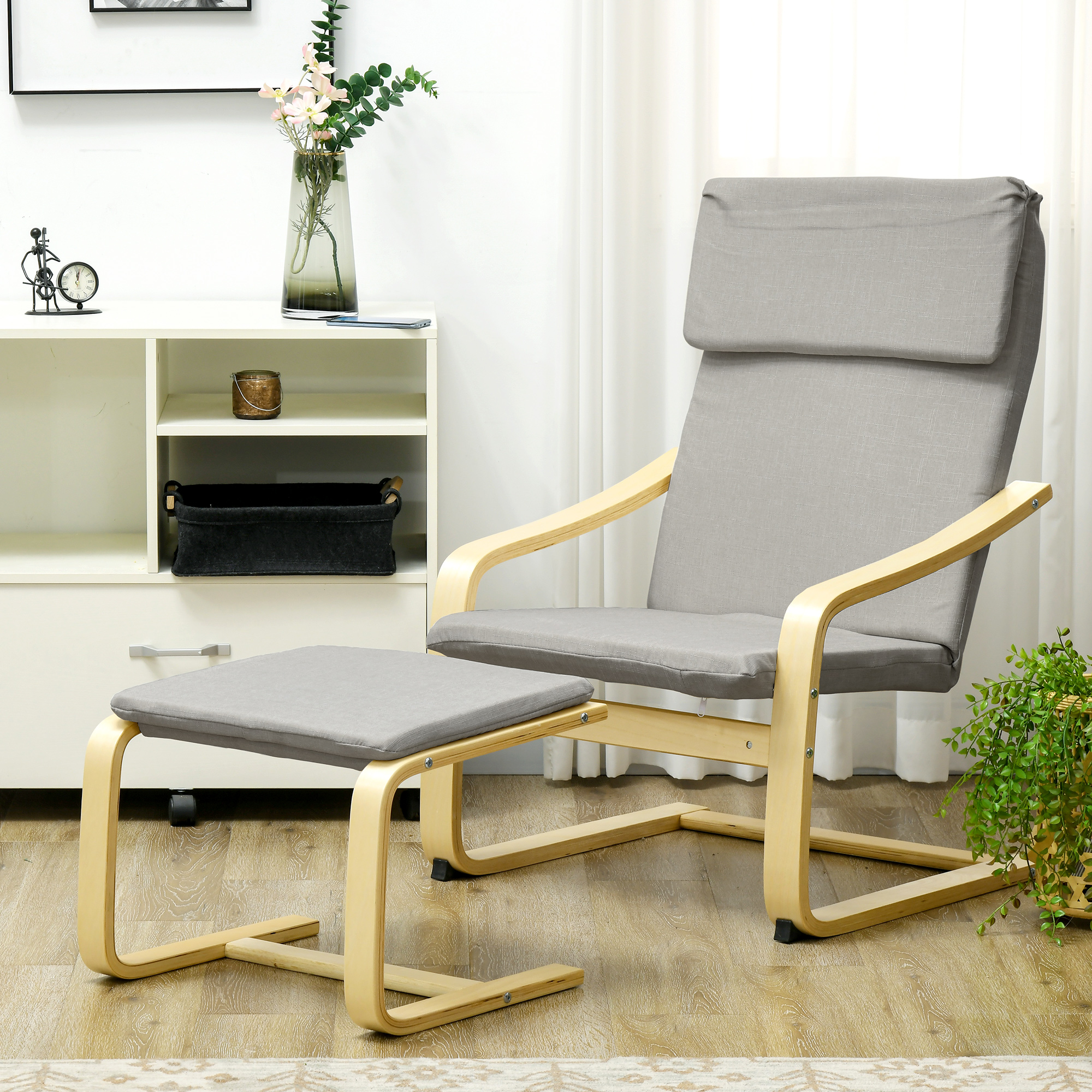 HOMCOM Loungesessel mit Hocker, Bezug in Leinenoptik, Holzrahmen, bis 120 kg, Hellgrau/Natur