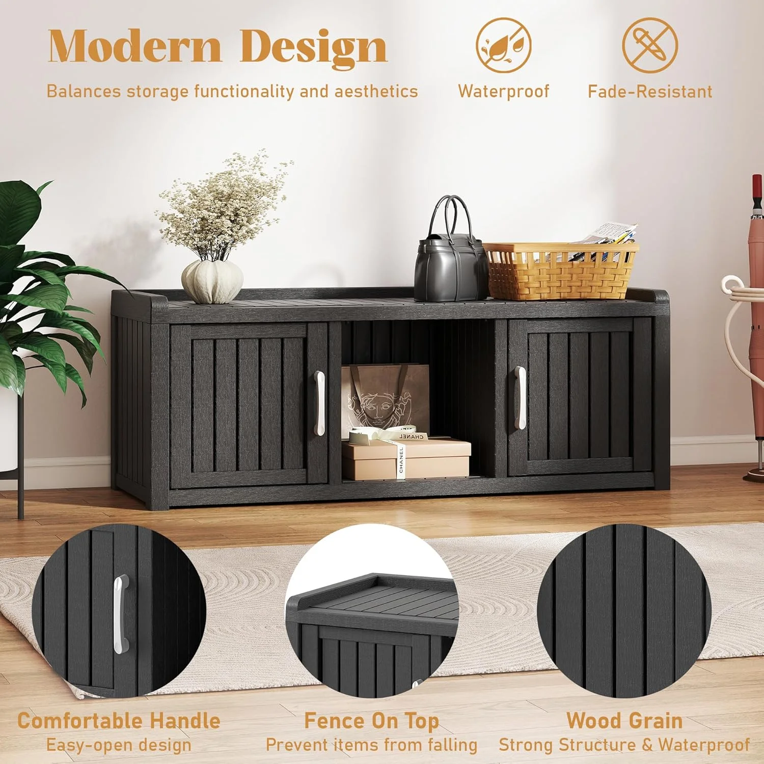 KAMABOKO Outdoor Shoe Storage Cabinet, Waterproof UV-Resistant Entryway Storage Bench Indoor Outdoor with 2 Barn Doors, Adjustable Shelves for Entryway, Bedroom, Hallway,Living Room(Black)