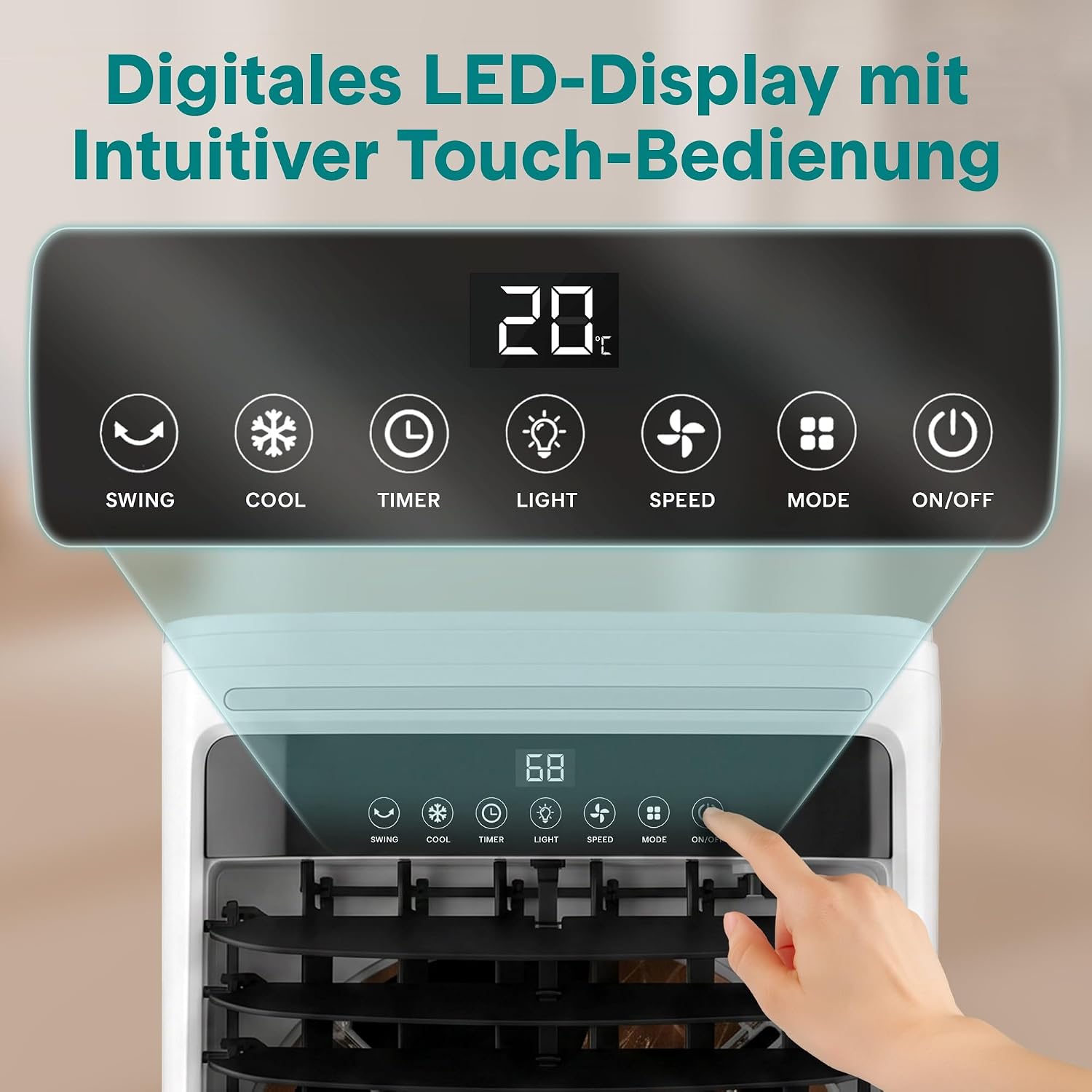 SereneLife Klimaanlage ohne Abluftschlauch, 25L Verdunstungsluftkühler für Große Räume, 1700 CFM, Kühlakku-Funktion, Timer Abnehmbarer Wassertank 80W, 60/120°Oszillation, Leise mit Rollen