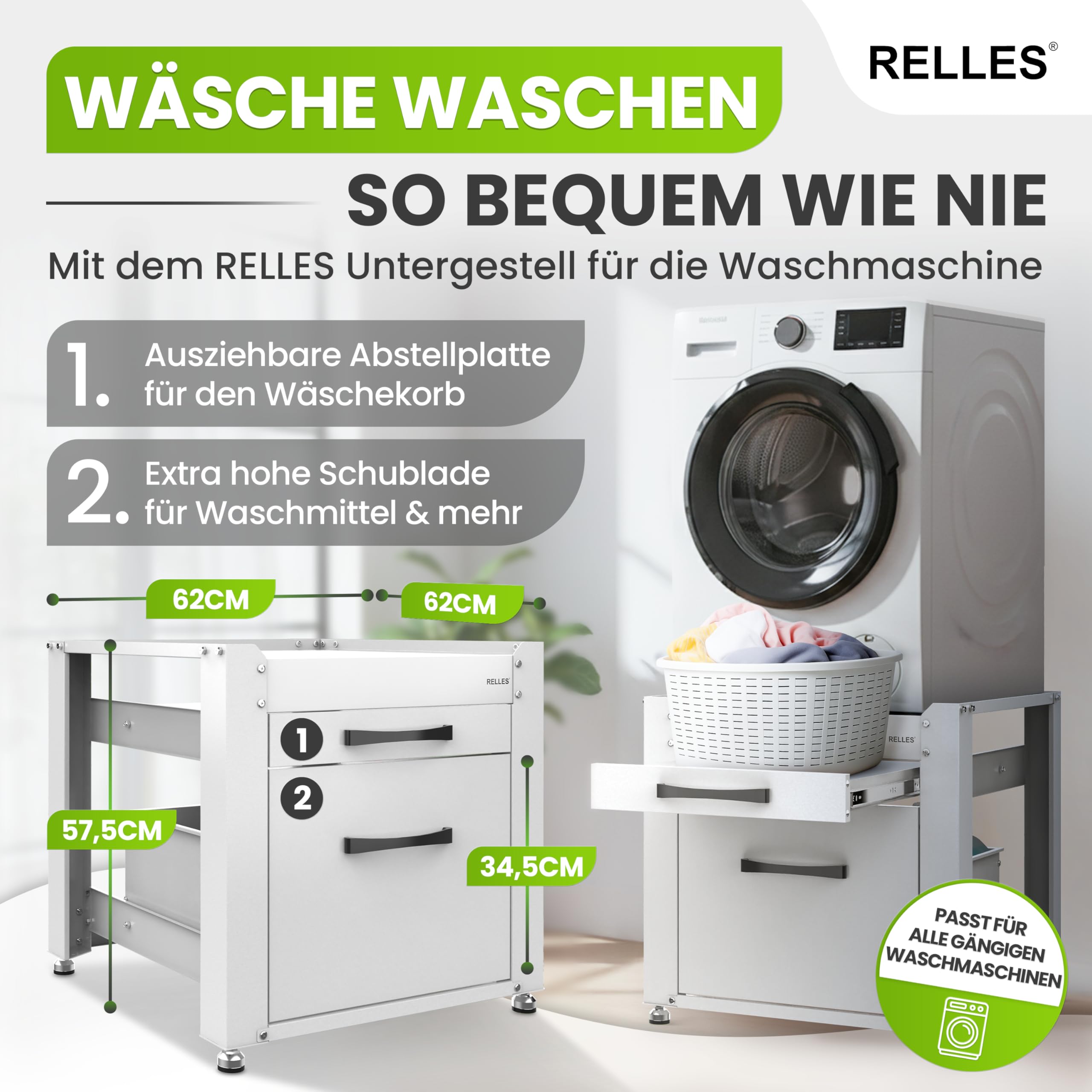 Untergestell für Waschmaschine und Trockner mit Schublade und Ablage, 500 kg Tragkraft, Stahl, 62x62x57,5 cm, höhenverstellbare Füße