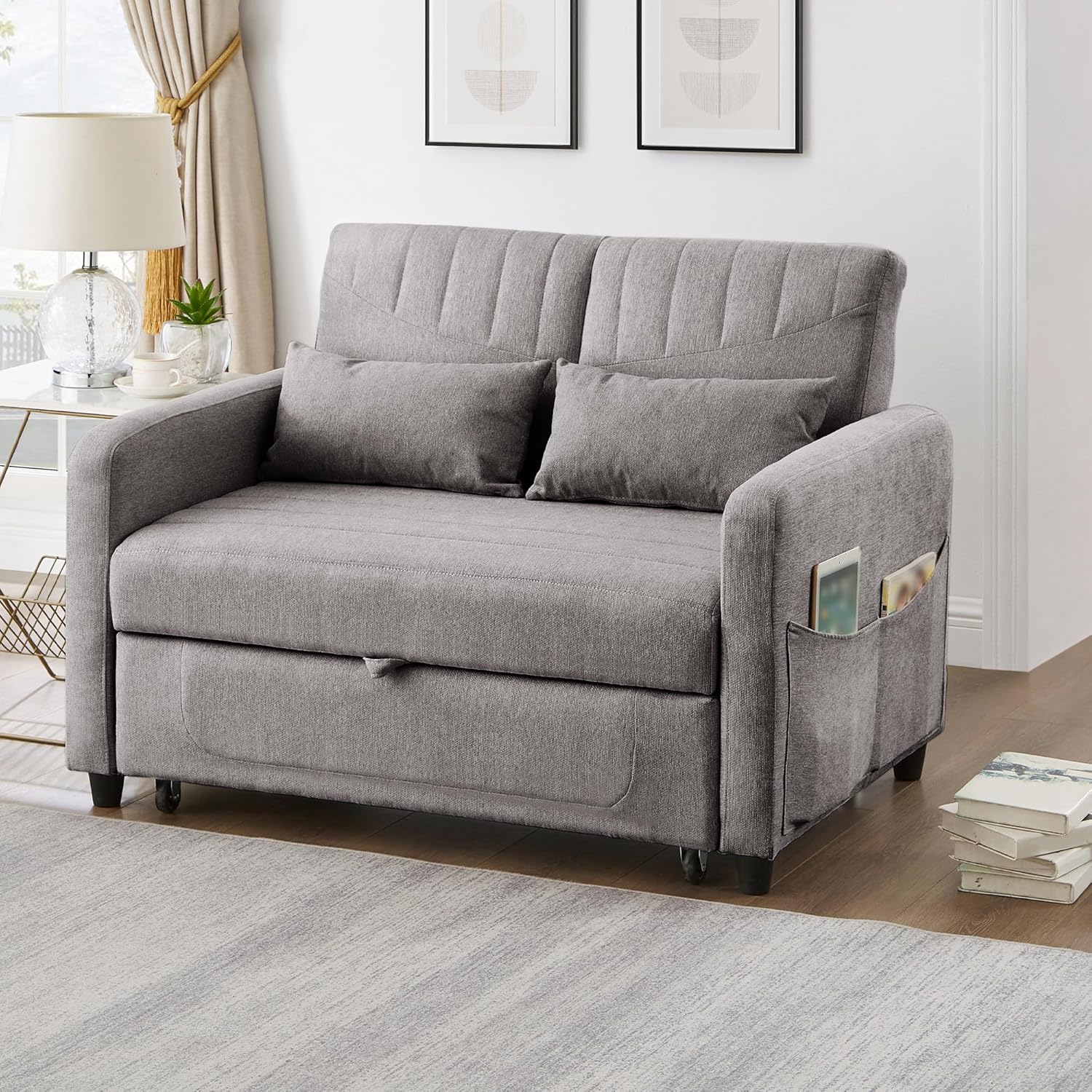 Divano letto con funzione letto Divano pieghevole a due posti, design estensibile, elegante e moderno, schienale regolabile a tre livelli, tessuto traspirante in cotone e lino (Grigio)
