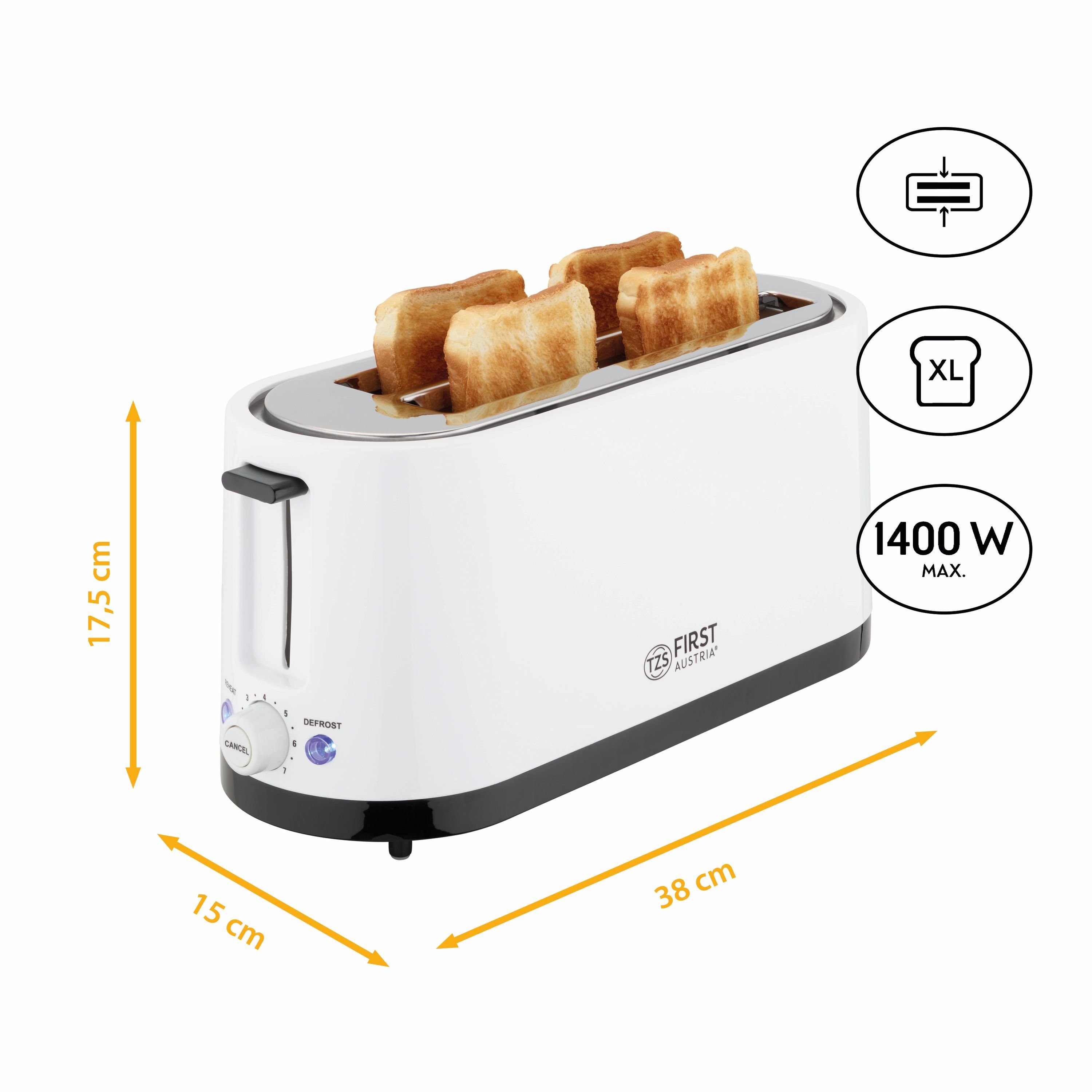 Toaster 4 Scheiben, Langschlitz, 1400W mit Krümelschublade, Brötchenaufsatz